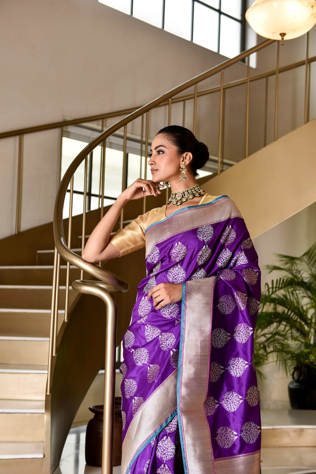 Banaras Katan Silk Saree with Bird-on-Tree Motifs – Purple