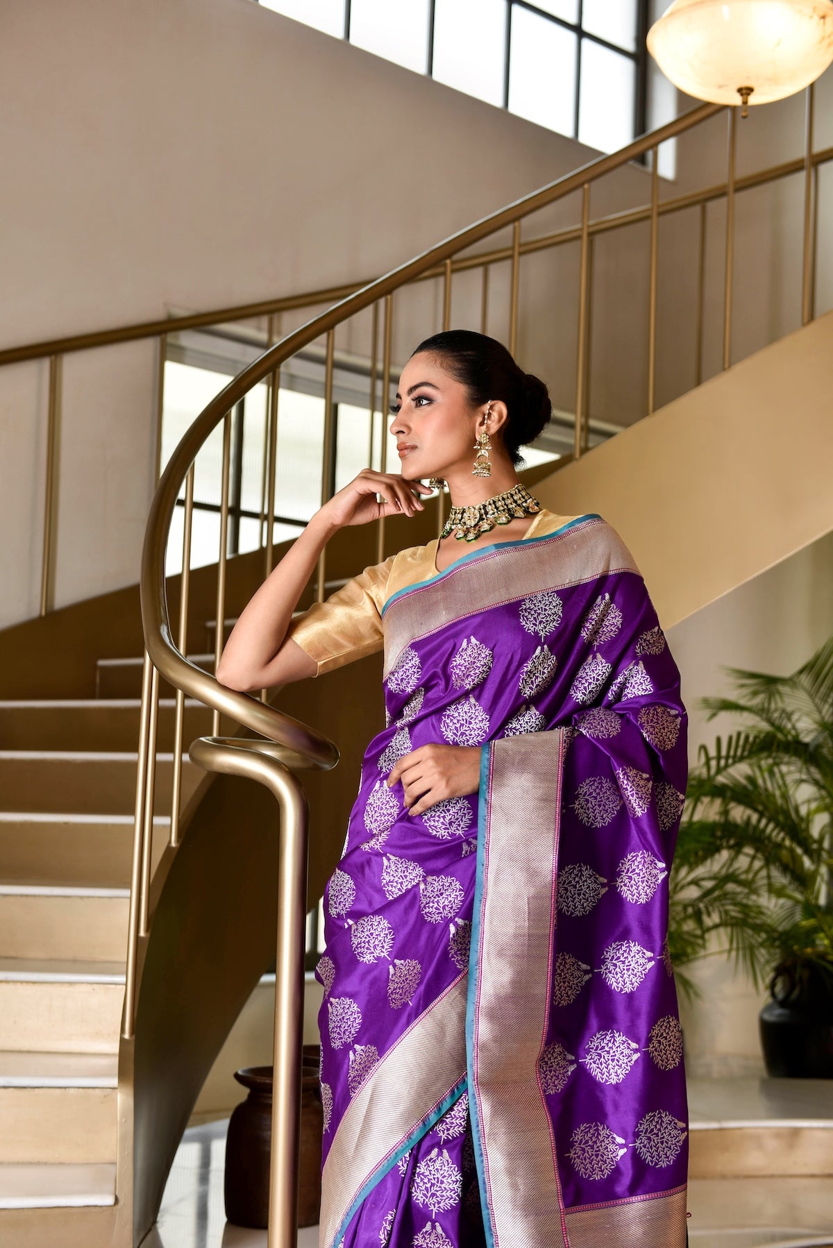 Banaras Katan Silk Saree with Bird-on-Tree Motifs – Purple