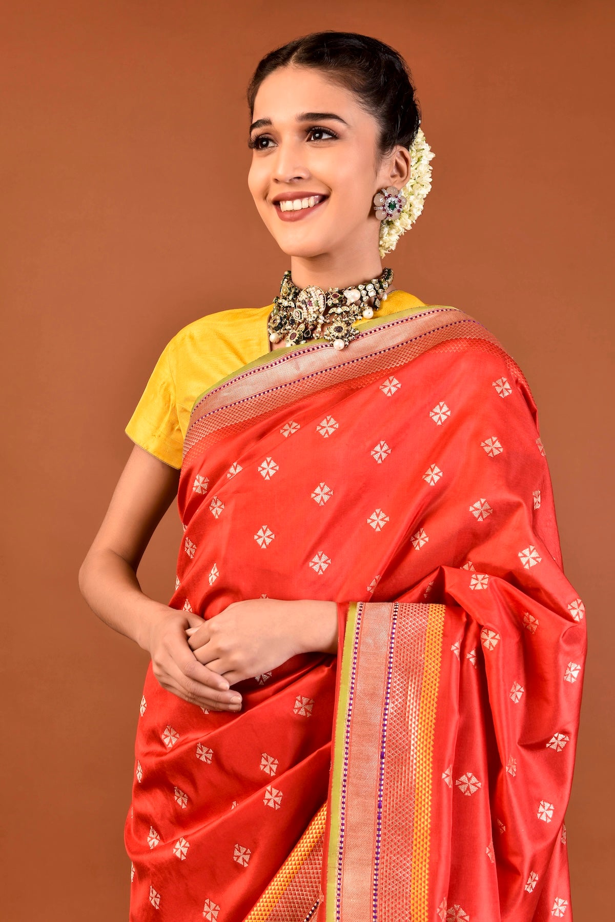 Banaras Katan Silk Yantra Palla Buti Saree – Orange