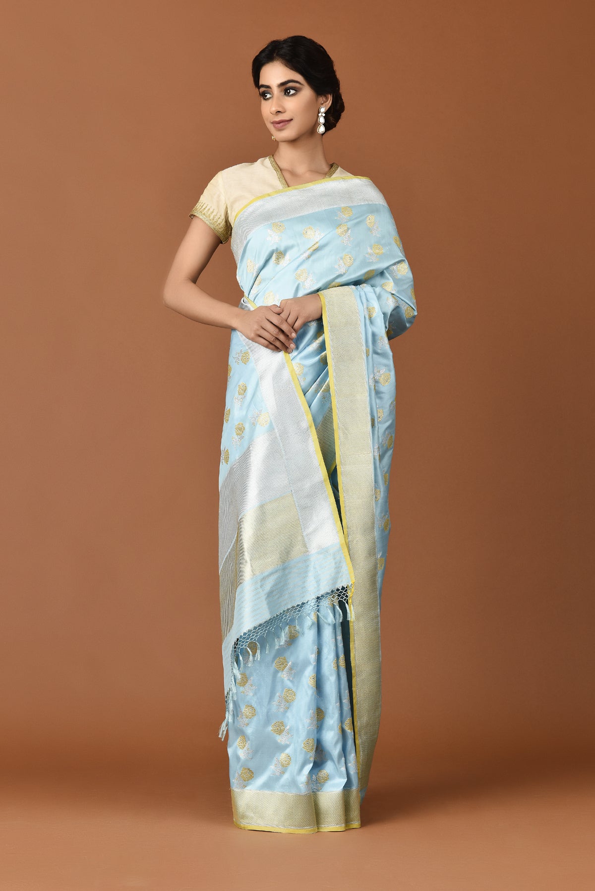 Banarasi Katan Silk Silver and Gold Chhadi Rose Blue Saree