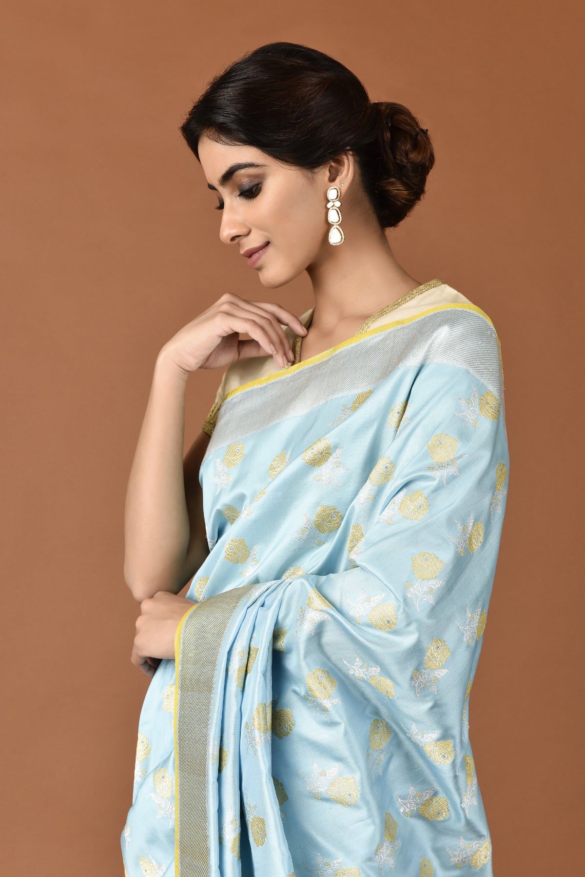 Banarasi Katan Silk Silver and Gold Chhadi Rose Blue Saree
