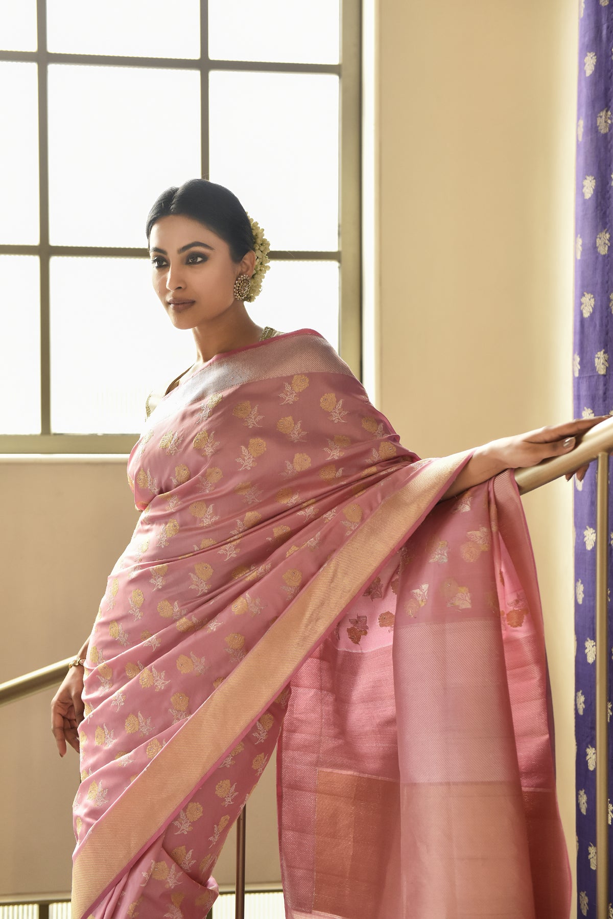 Banarasi Katan Silk Silver and Gold Chhadi Rose Pink Saree