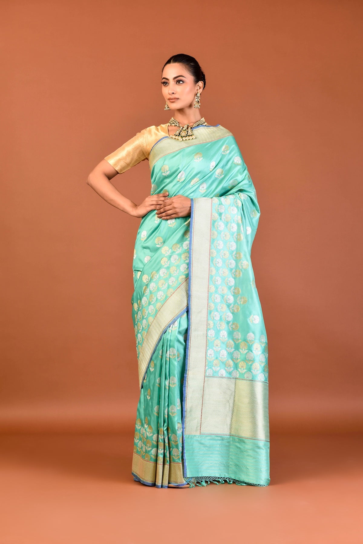 Banaras Katan Silk Ottoman Tulip Saree – Aqua