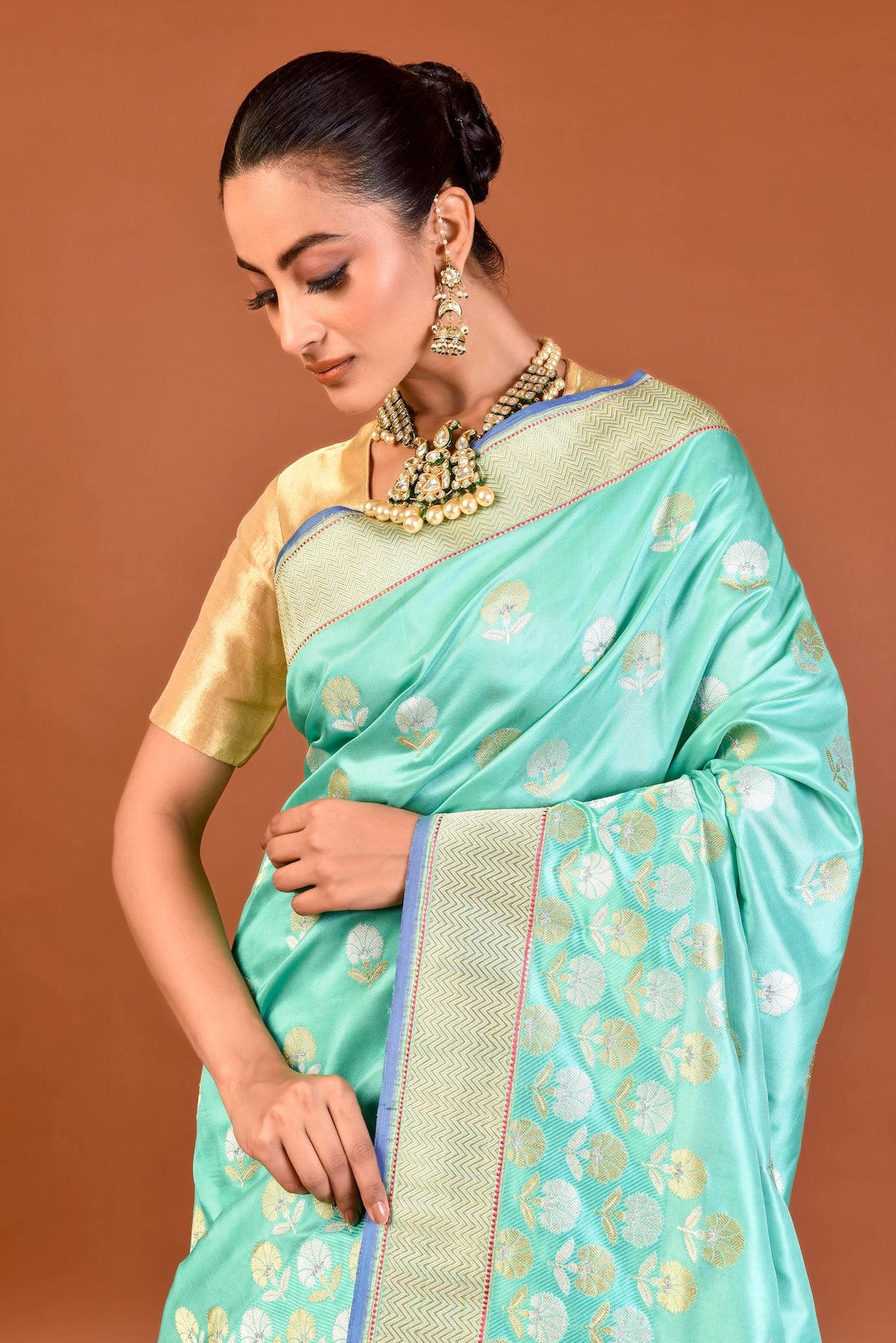 Banaras Katan Silk Ottoman Tulip Saree – Aqua