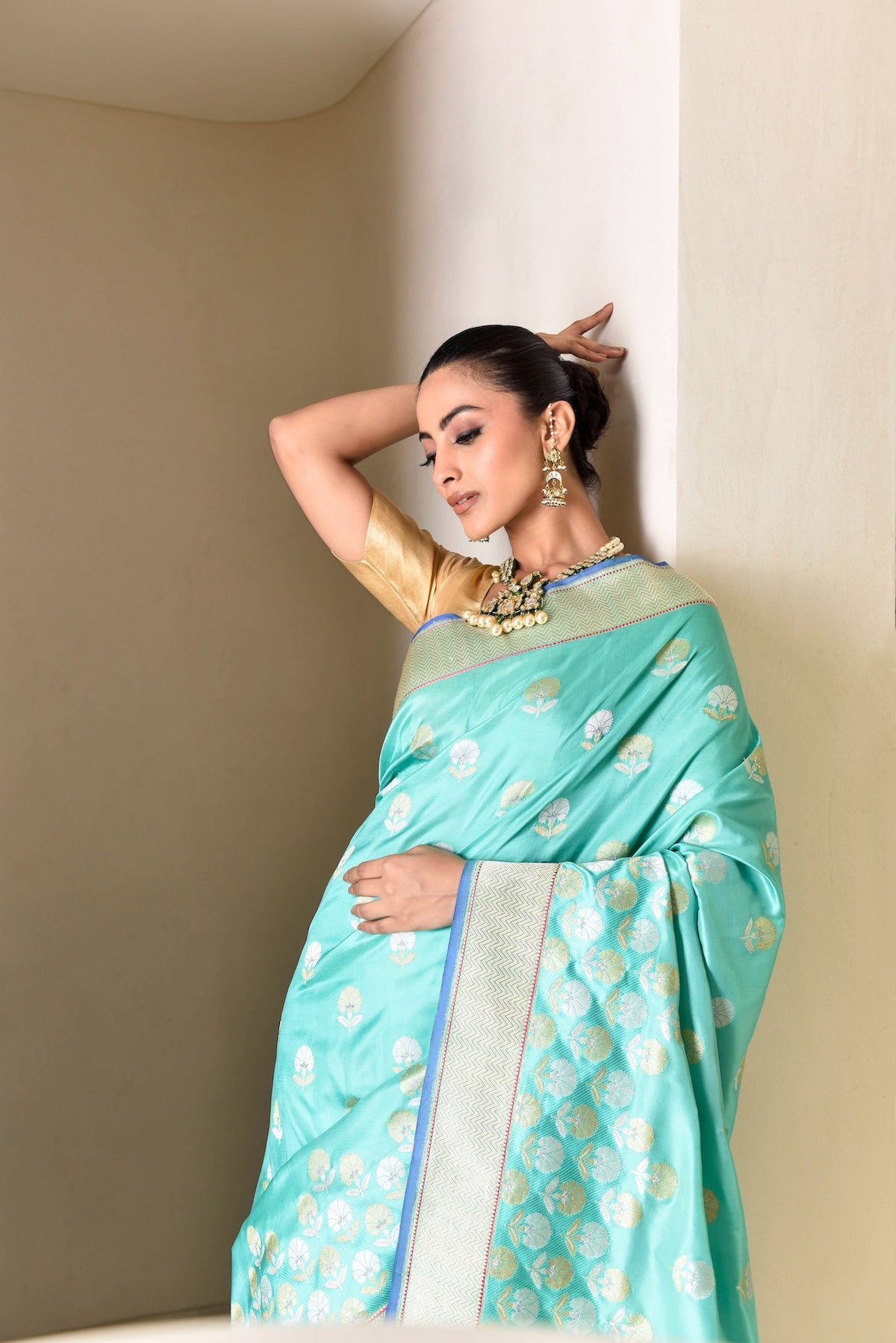Banaras Katan Silk Ottoman Tulip Saree – Aqua