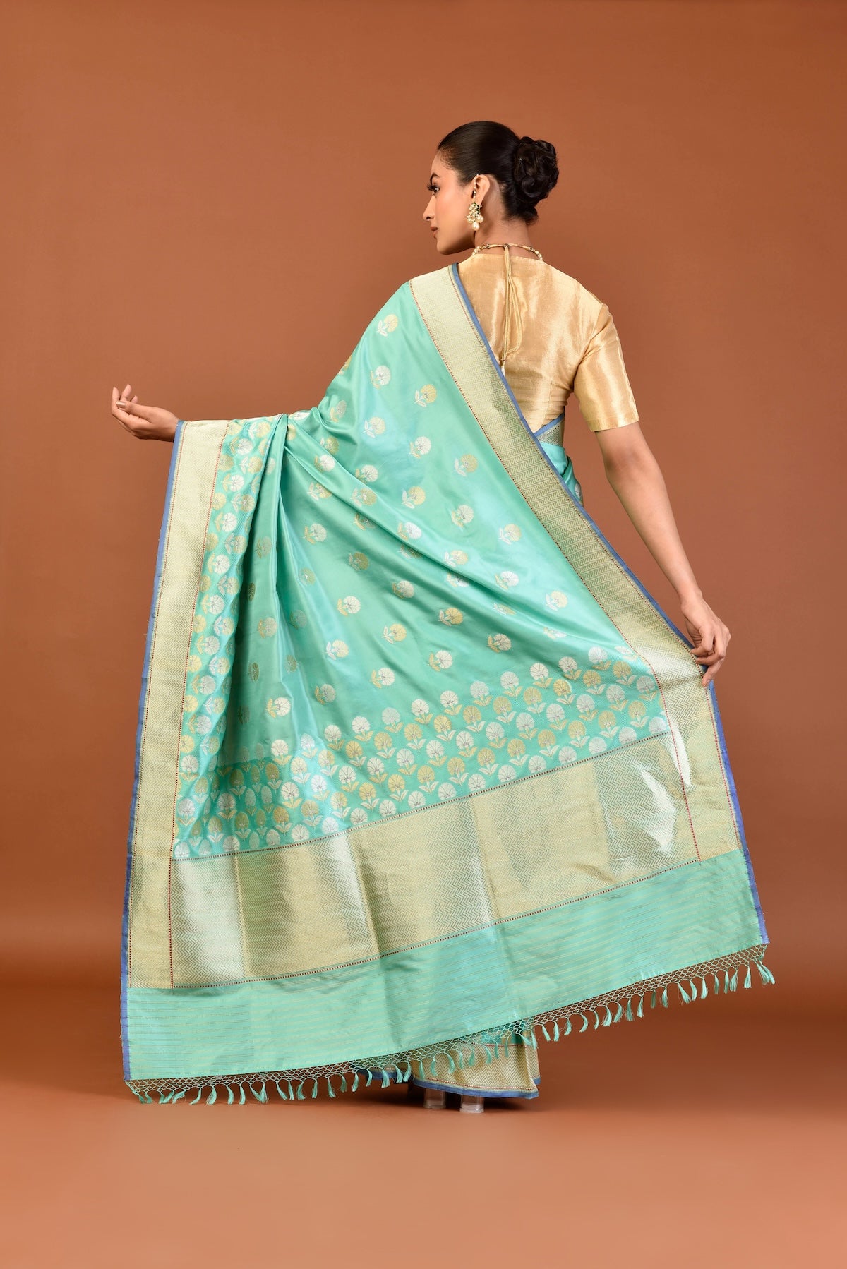 Banaras Katan Silk Ottoman Tulip Saree – Aqua