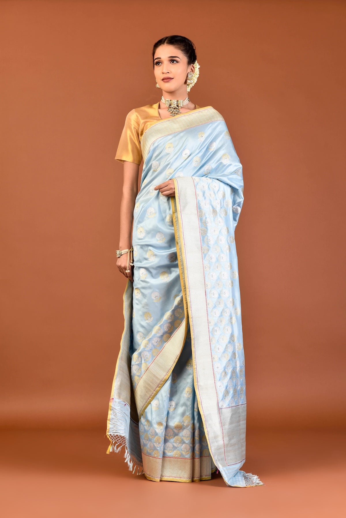 Banaras Katan Silk Ottoman Tulip Saree – Light Blue