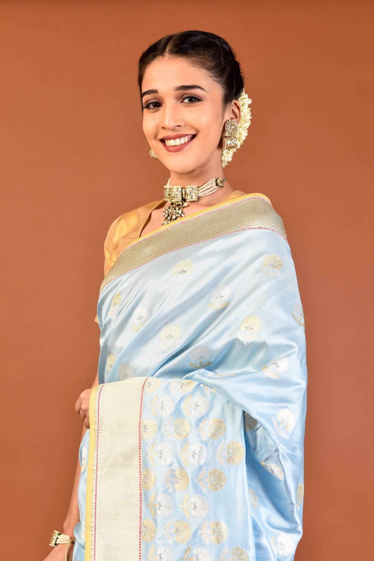 Banaras Katan Silk Ottoman Tulip Saree – Light Blue