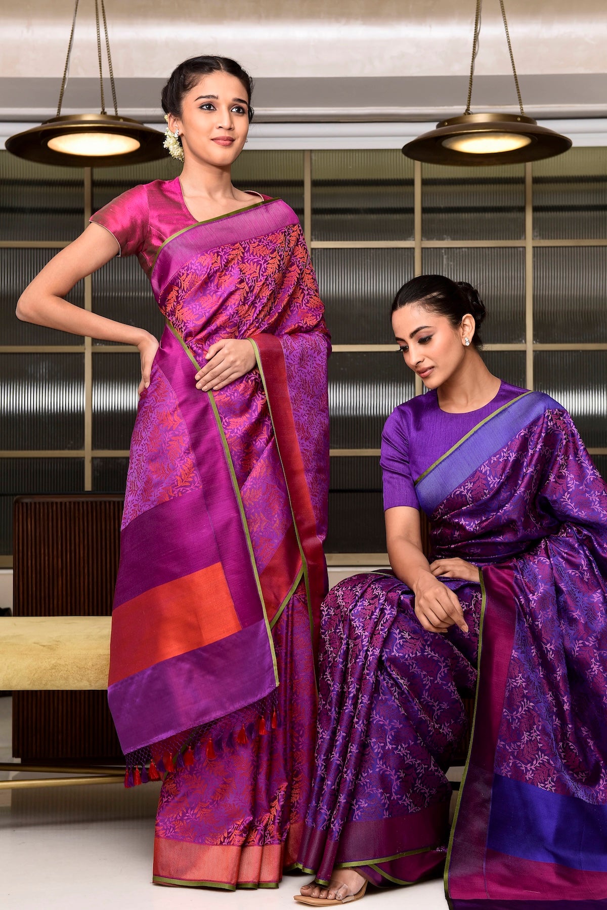 Banaras Silk Leaves Design Saree – Magenta