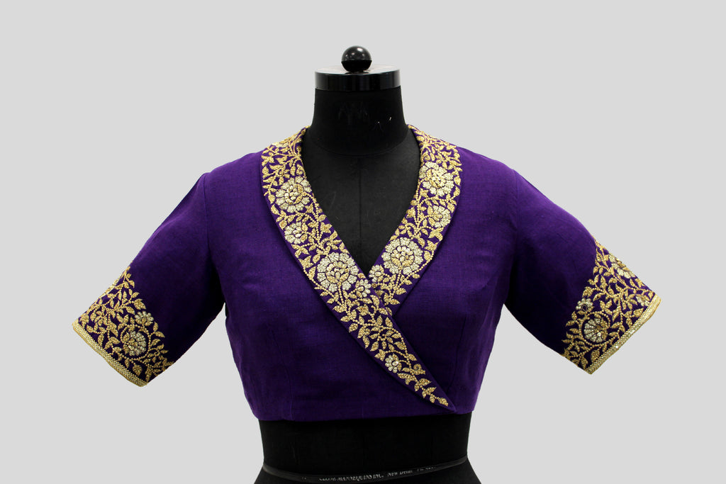 Dupion Silk Shawal Collar with Big Mughal Jaal Border Purple Blouse