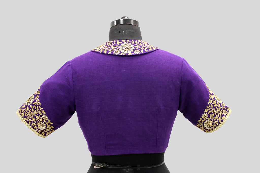 Dupion Silk Shawal Collar with Big Mughal Jaal Border Purple Blouse