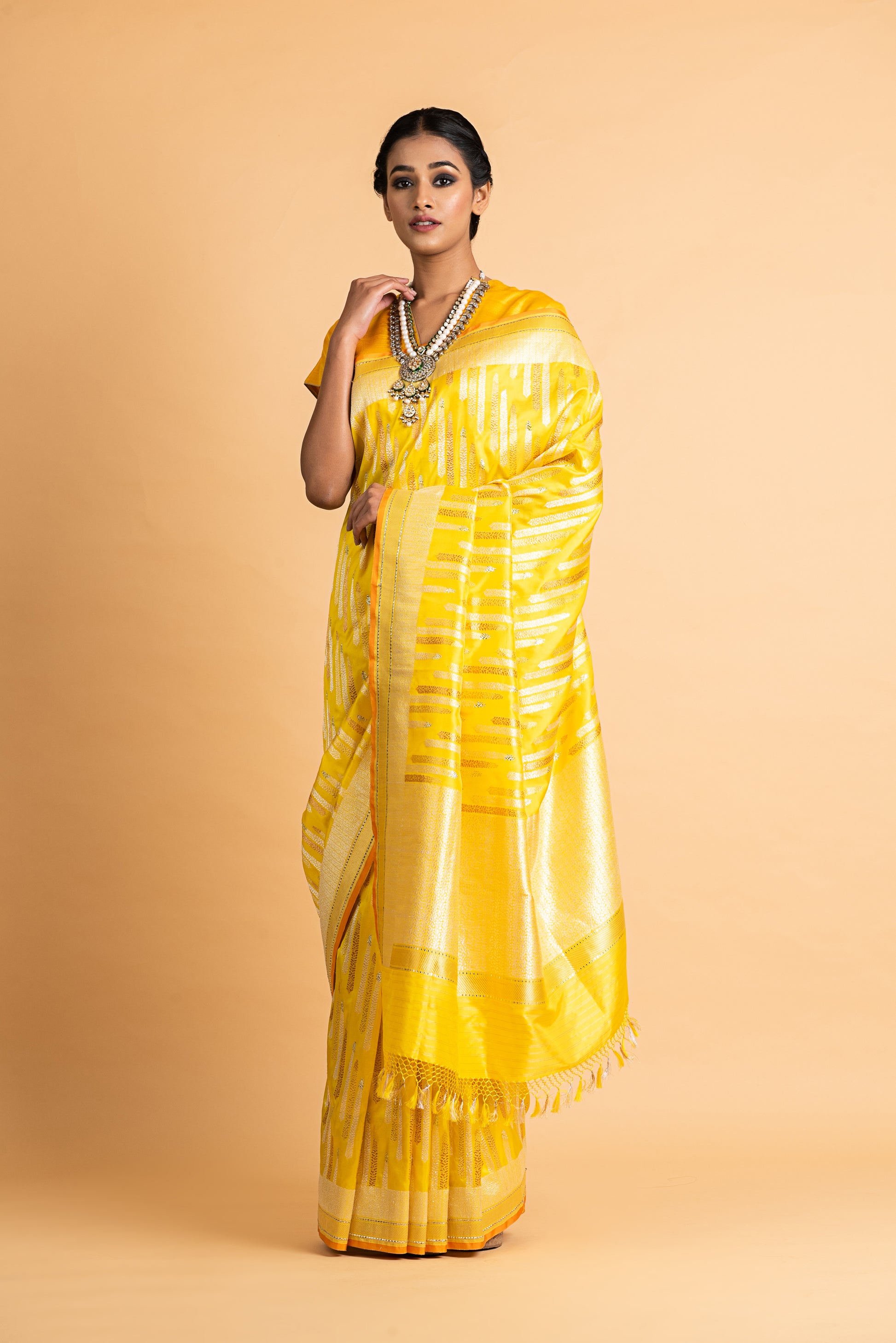 Banarasi Katan Silk Silver and Gold Chhadi Fern Yellow Saree