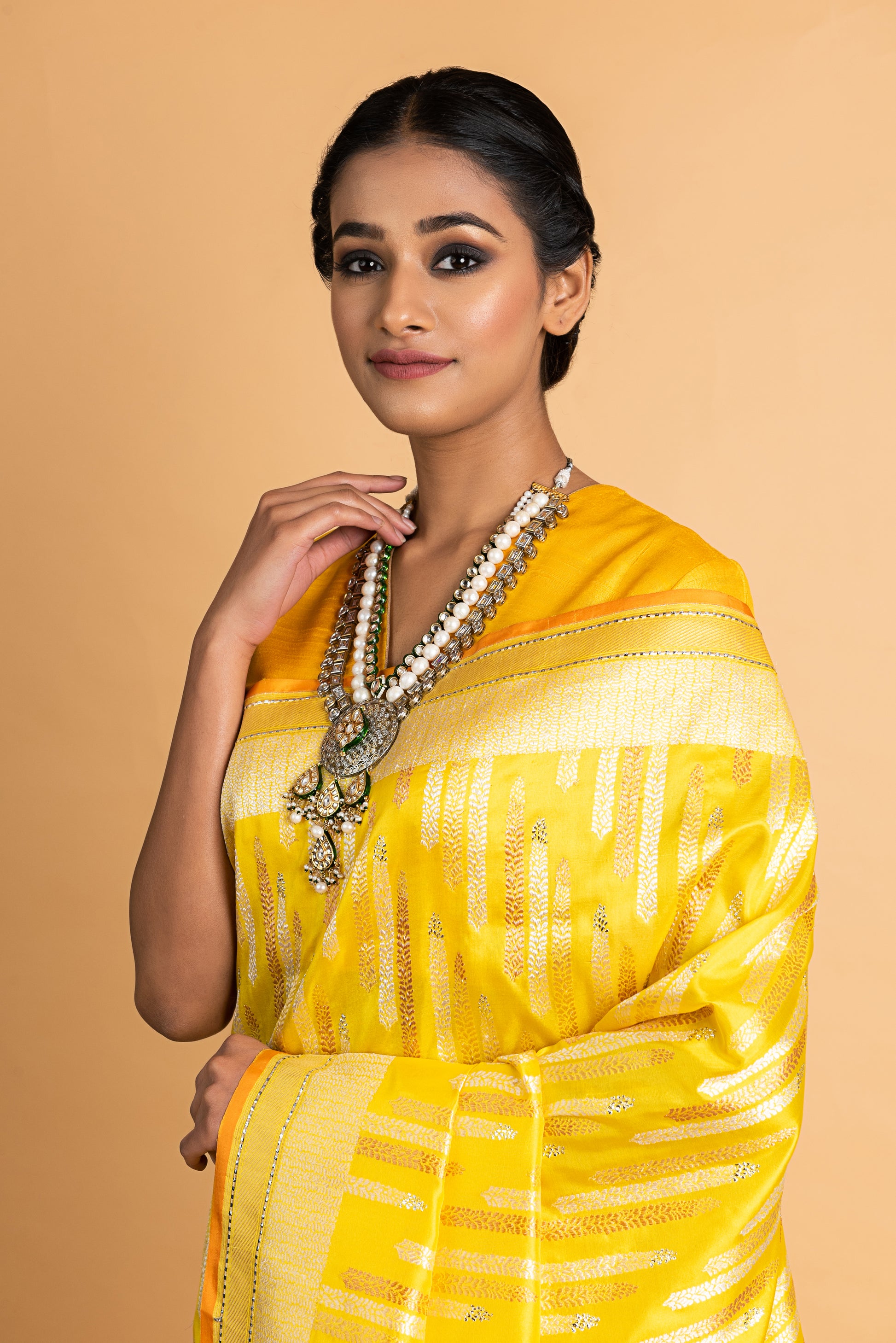 Banarasi Katan Silk Silver and Gold Chhadi Fern Yellow Saree