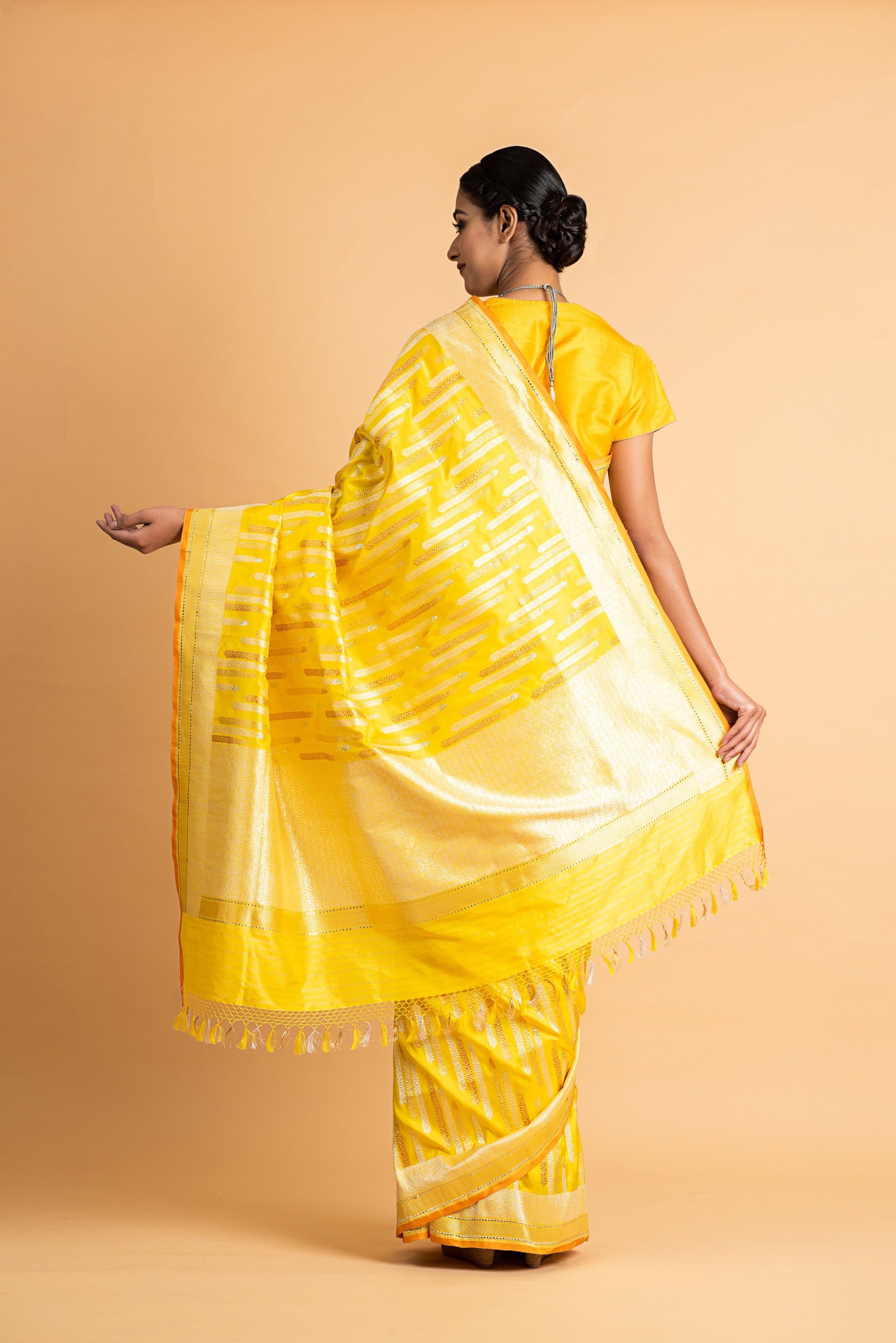 Banarasi Katan Silk Silver and Gold Chhadi Fern Yellow Saree