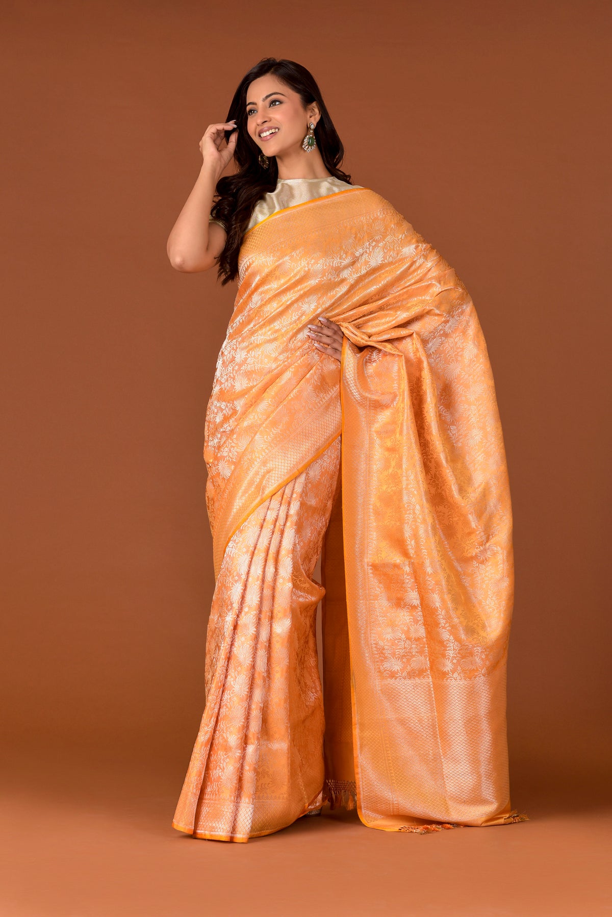 Banaras Satin Silk Saree – Orange | All-Over Guldawari Silver Resham Floral Jaal | Lattice Zari Border | Handwoven Banarasi Festive Saree