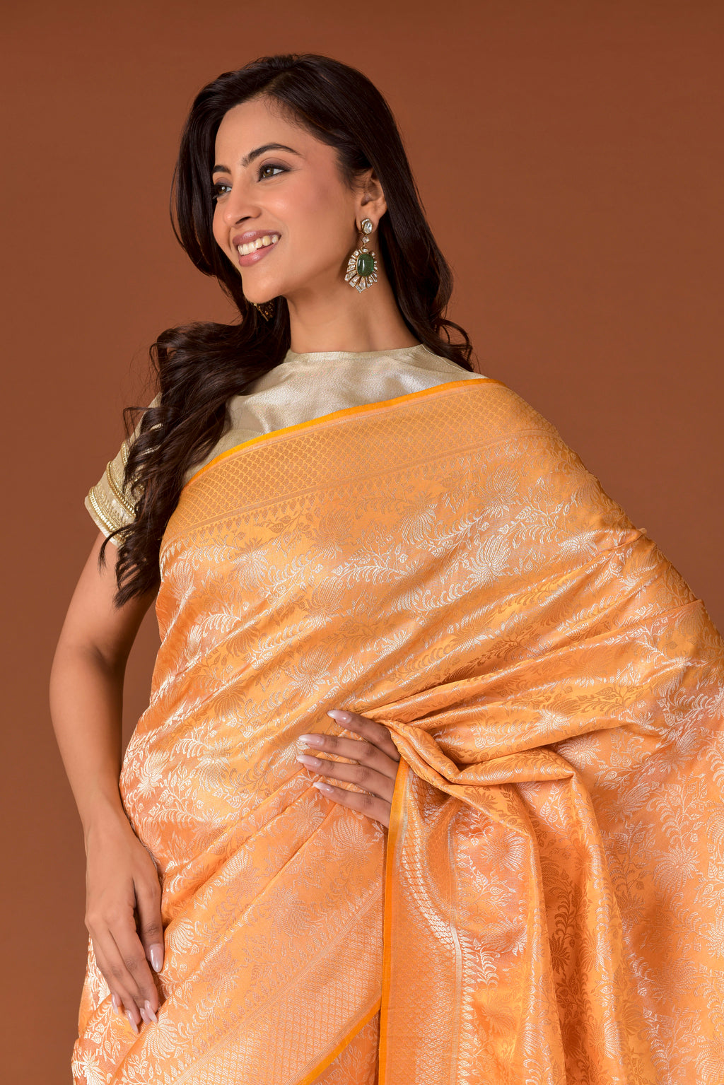 Banaras Satin Silk Saree – Orange | All-Over Guldawari Silver Resham Floral Jaal | Lattice Zari Border | Handwoven Banarasi Festive Saree