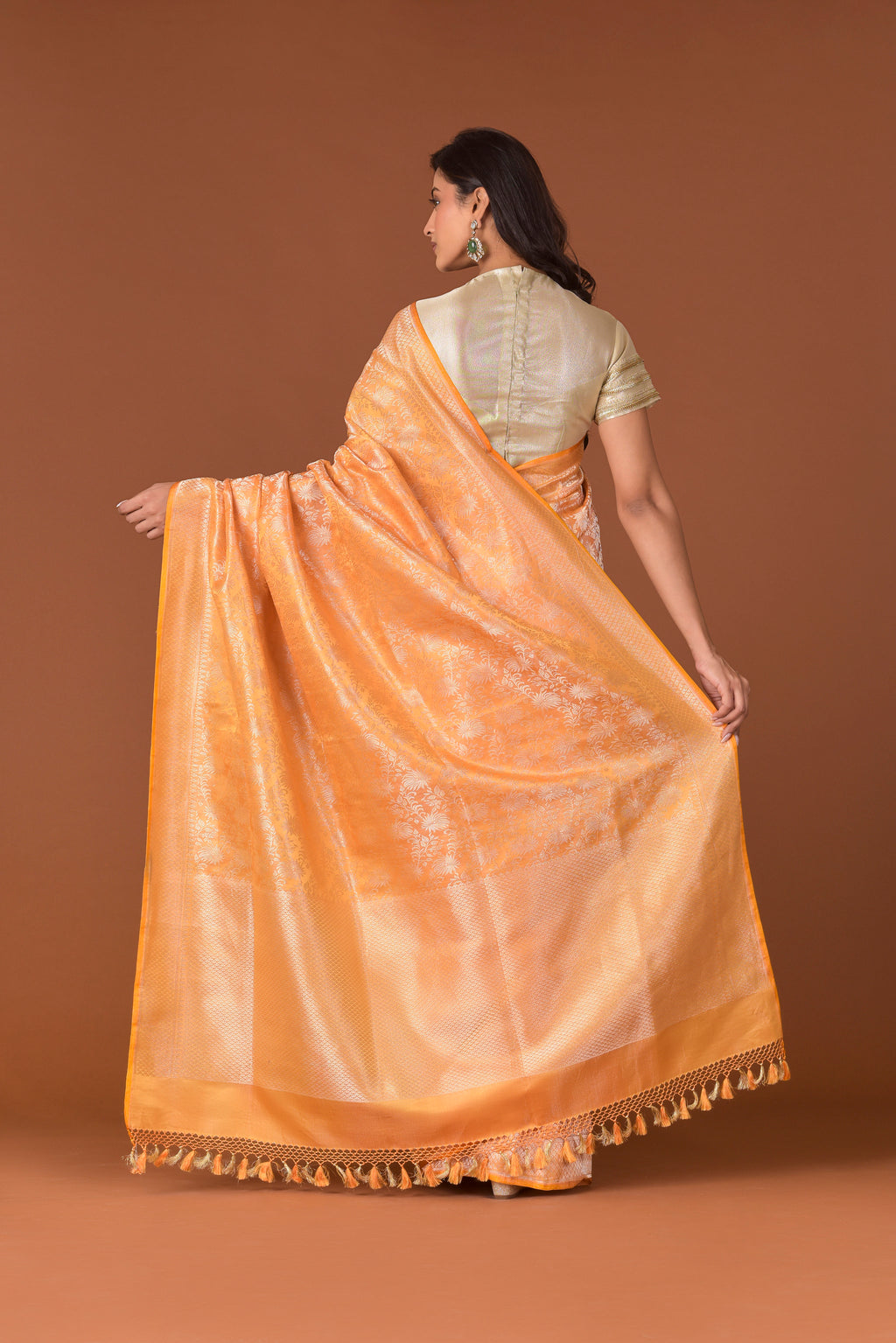 Banaras Satin Silk Saree – Orange | All-Over Guldawari Silver Resham Floral Jaal | Lattice Zari Border | Handwoven Banarasi Festive Saree