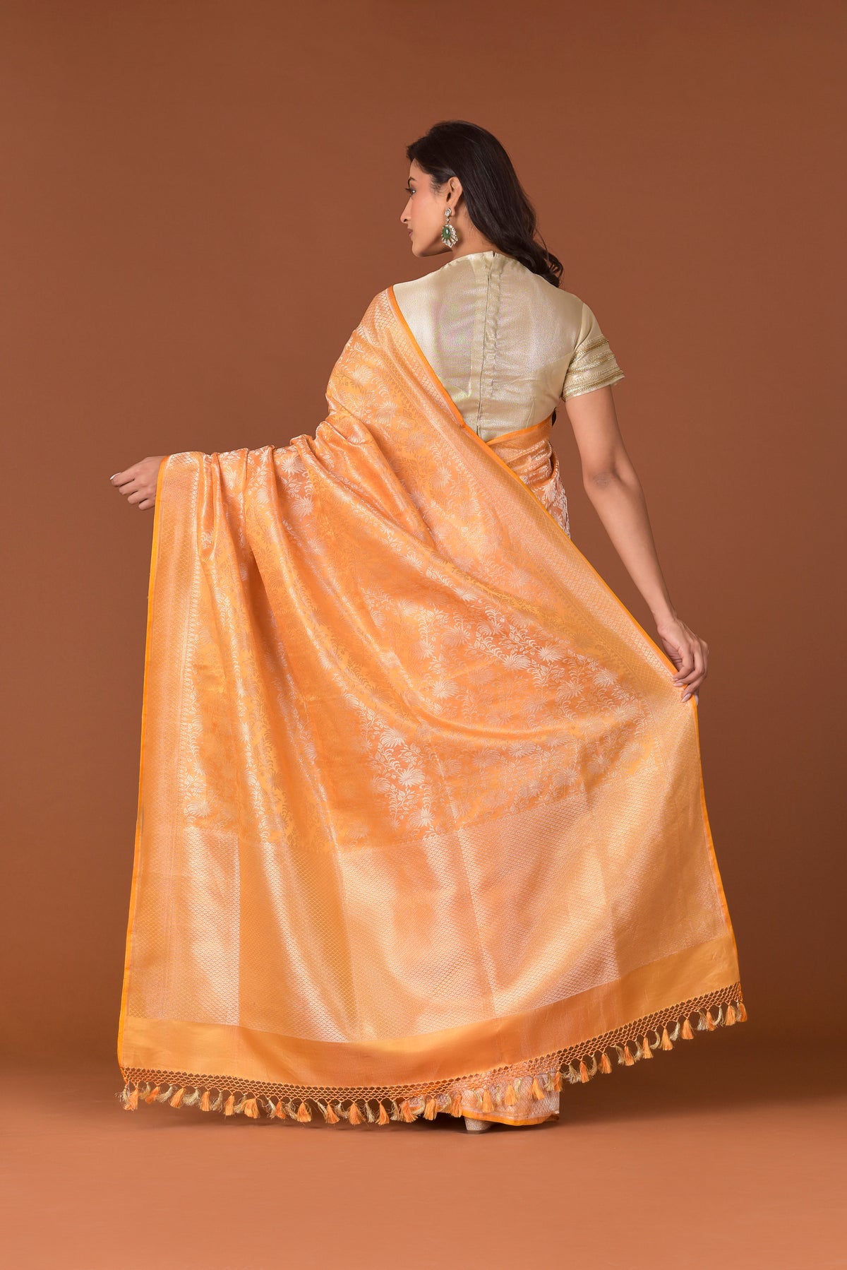 Banaras Satin Silk Saree – Orange | All-Over Guldawari Silver Resham Floral Jaal | Lattice Zari Border | Handwoven Banarasi Festive Saree