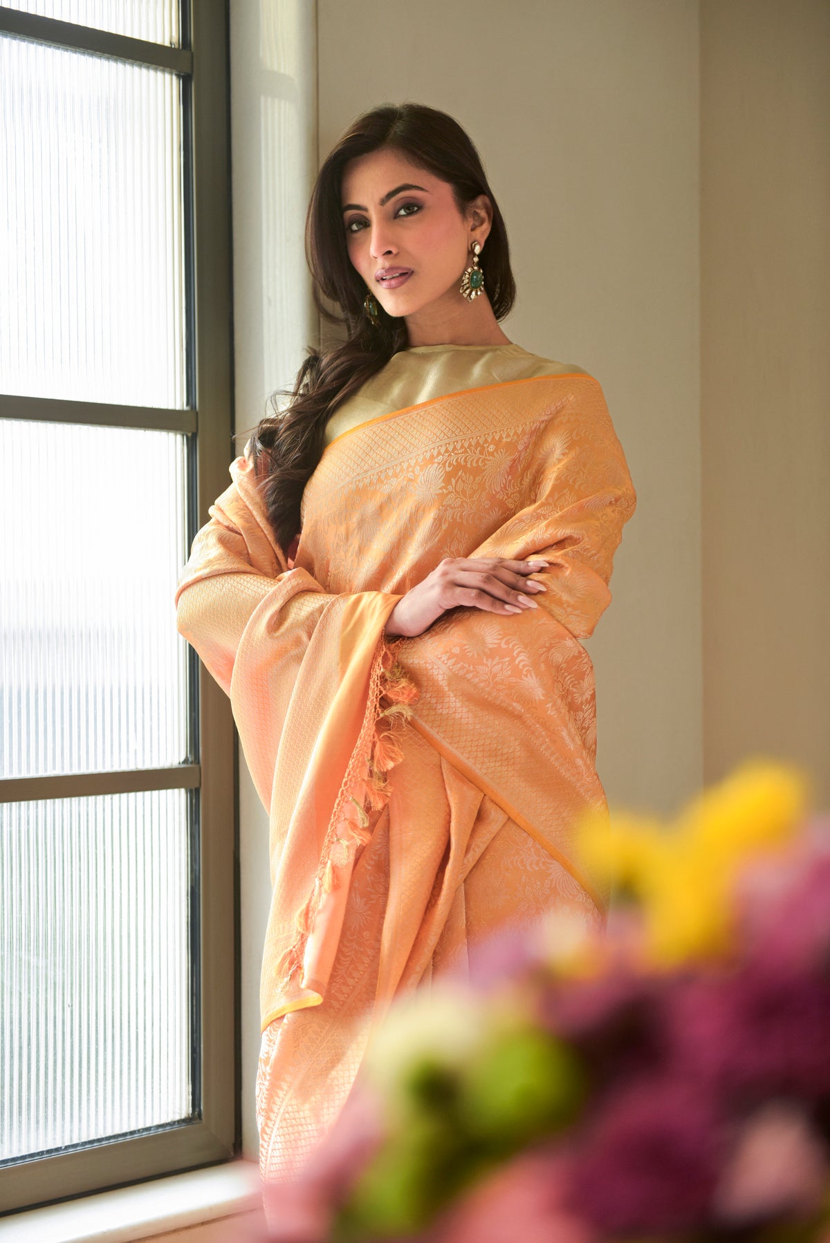 Banaras Satin Silk Saree – Orange | All-Over Guldawari Silver Resham Floral Jaal | Lattice Zari Border | Handwoven Banarasi Festive Saree