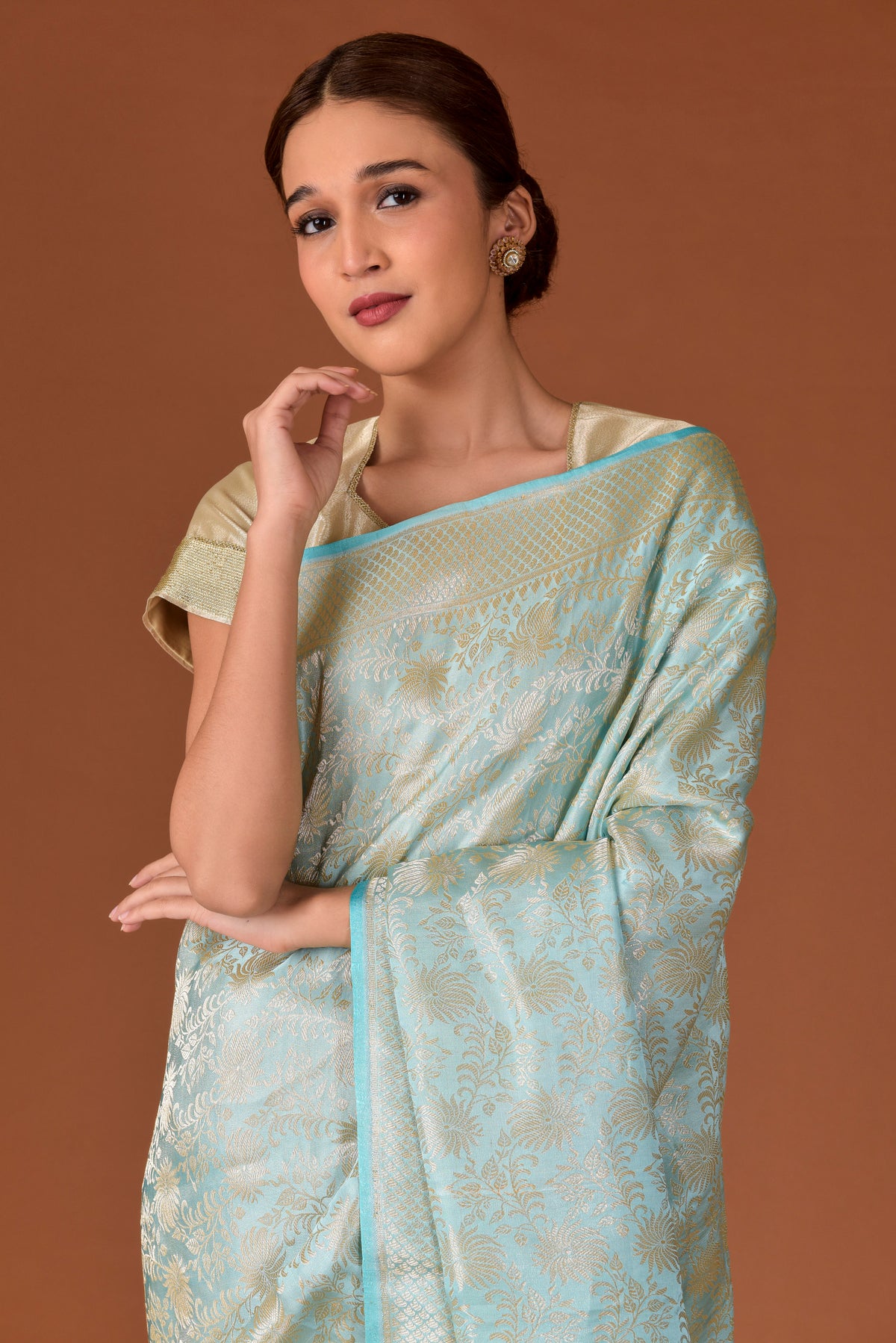 Banaras Satin Silk Saree – Aqua | All-Over Guldawari Gold & Silver Resham Floral Jaal | Lattice Zari Border | Handwoven Banarasi Festive Saree
