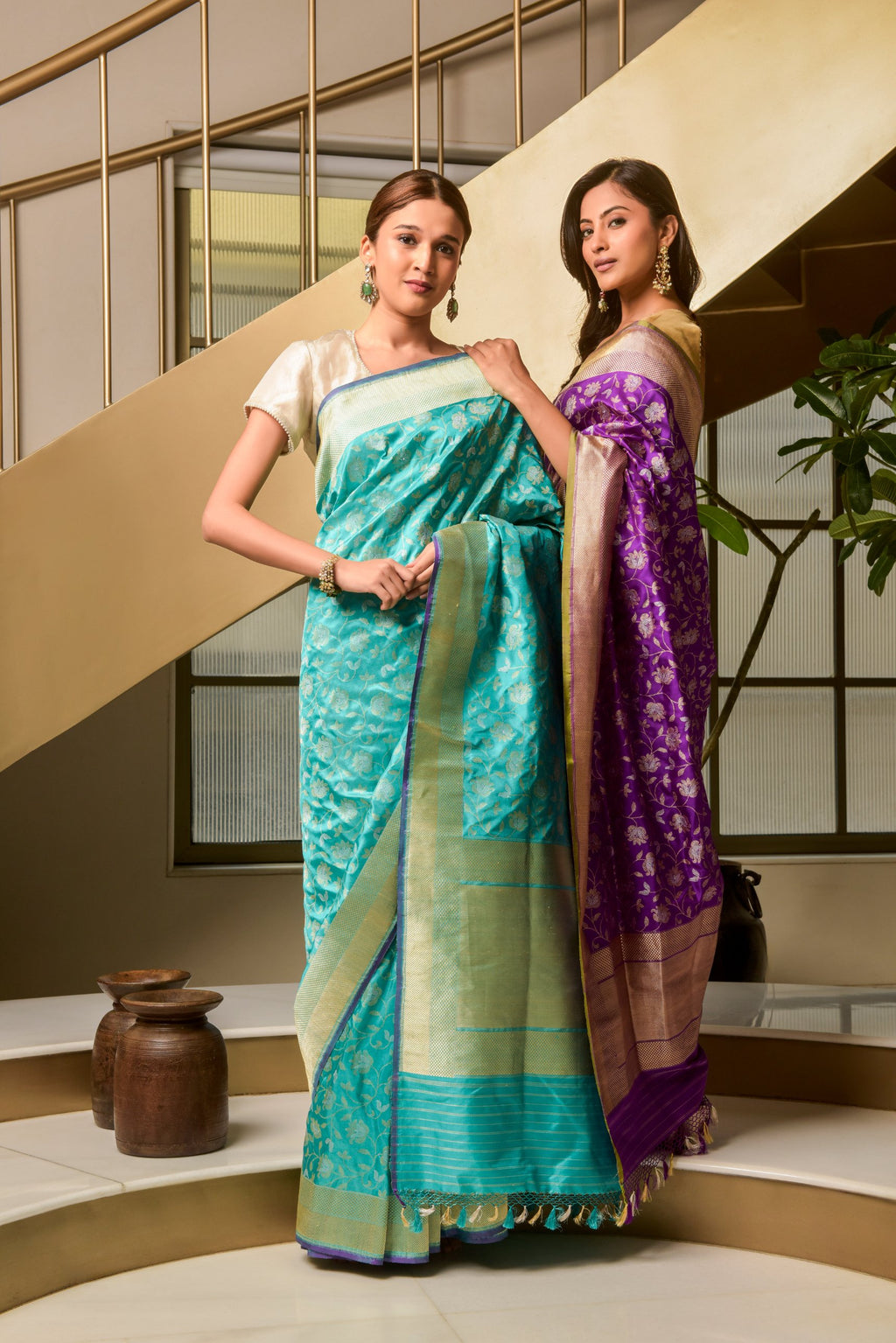 Banaras Katan Silk Saree – Purple | All-Over Bandhani Floral Vine Jaal in Silver Resham | Rose Gold Tissue Zari Border & Pallu | Handwoven Banarasi Bridal Saree