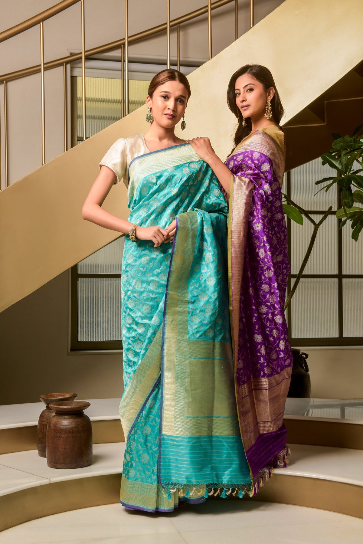 Banaras Katan Silk Saree – Purple | All-Over Bandhani Floral Vine Jaal in Silver Resham | Rose Gold Tissue Zari Border & Pallu | Handwoven Banarasi Bridal Saree
