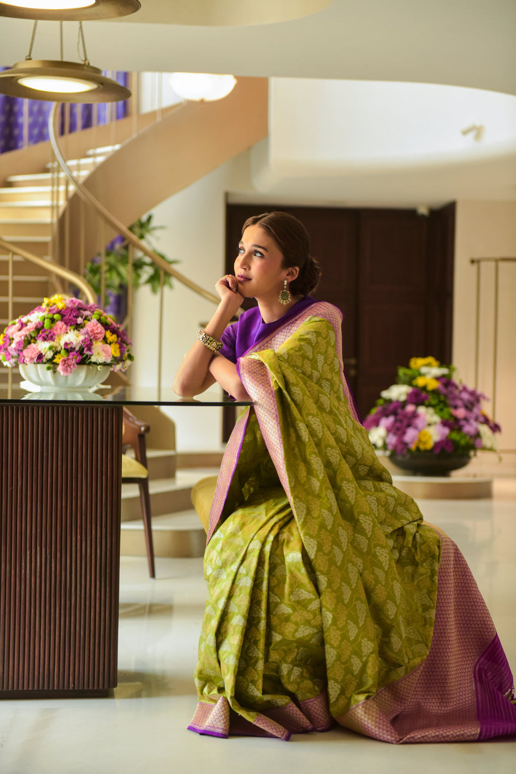 Banaras Katan Silk Saree – Chartreuse Green | All-Over Silver Gold Cluster Tree Jaal | Rose Pink Zari Scallop Border | Handwoven Banarasi Festive Saree