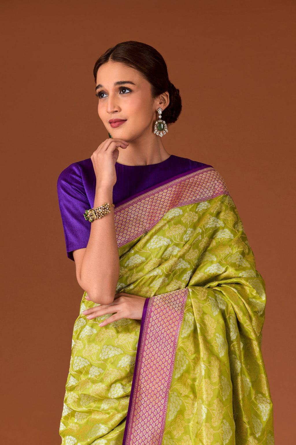 Banaras Katan Silk Saree – Chartreuse Green | All-Over Silver Gold Cluster Tree Jaal | Rose Pink Zari Scallop Border | Handwoven Banarasi Festive Saree