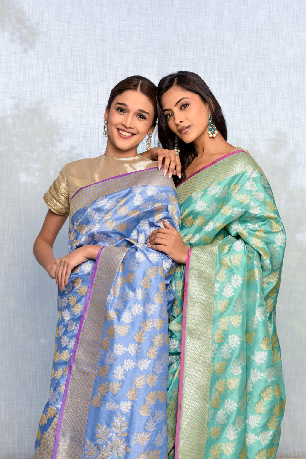 Banaras Katan Silk Saree – Sea Green | All-Over Silver Gold Fern Leaf Butti | Chevron Zari Border & Pallu | Handwoven Banarasi Festive Saree