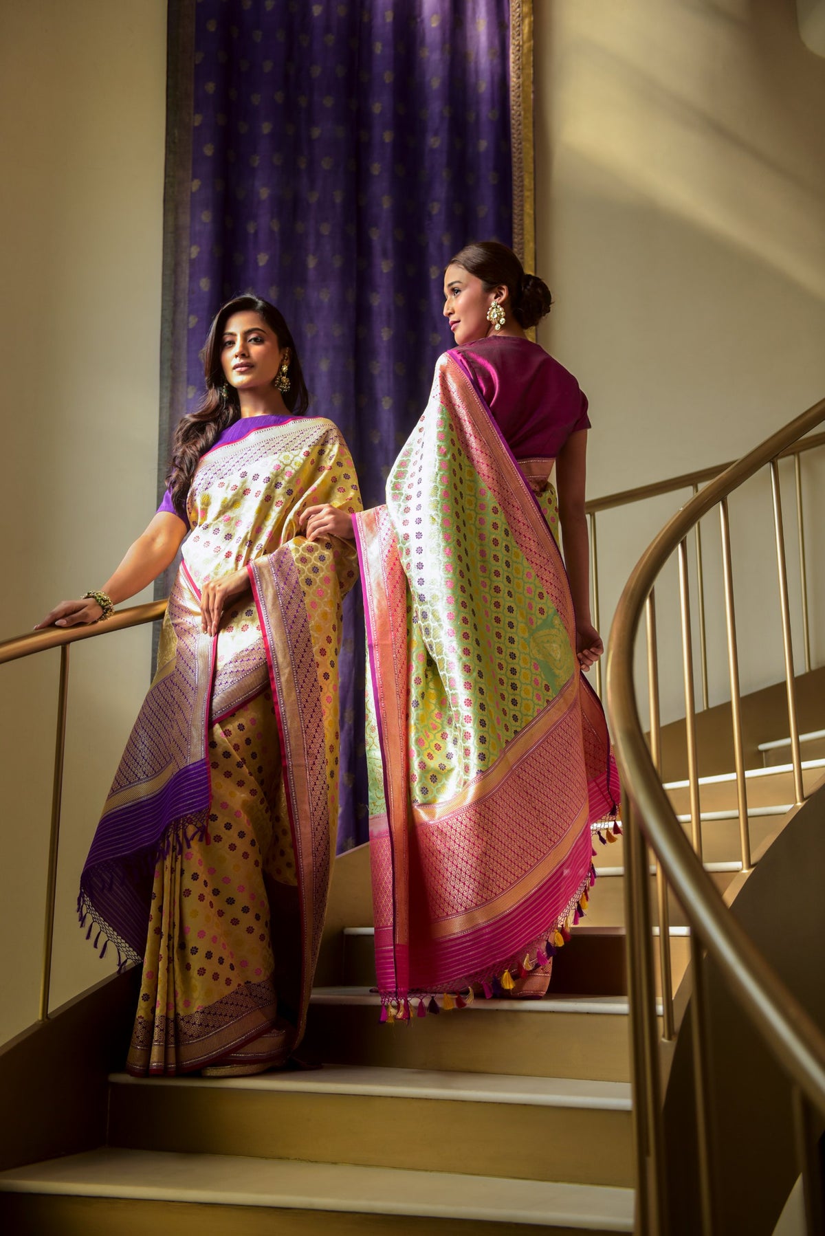 Banaras Katan Silk Saree – Pista Green | All-Over Multicolour Meenakari Floral Jaal | Rose Pink Zari Border | Handwoven Banarasi Festive Saree