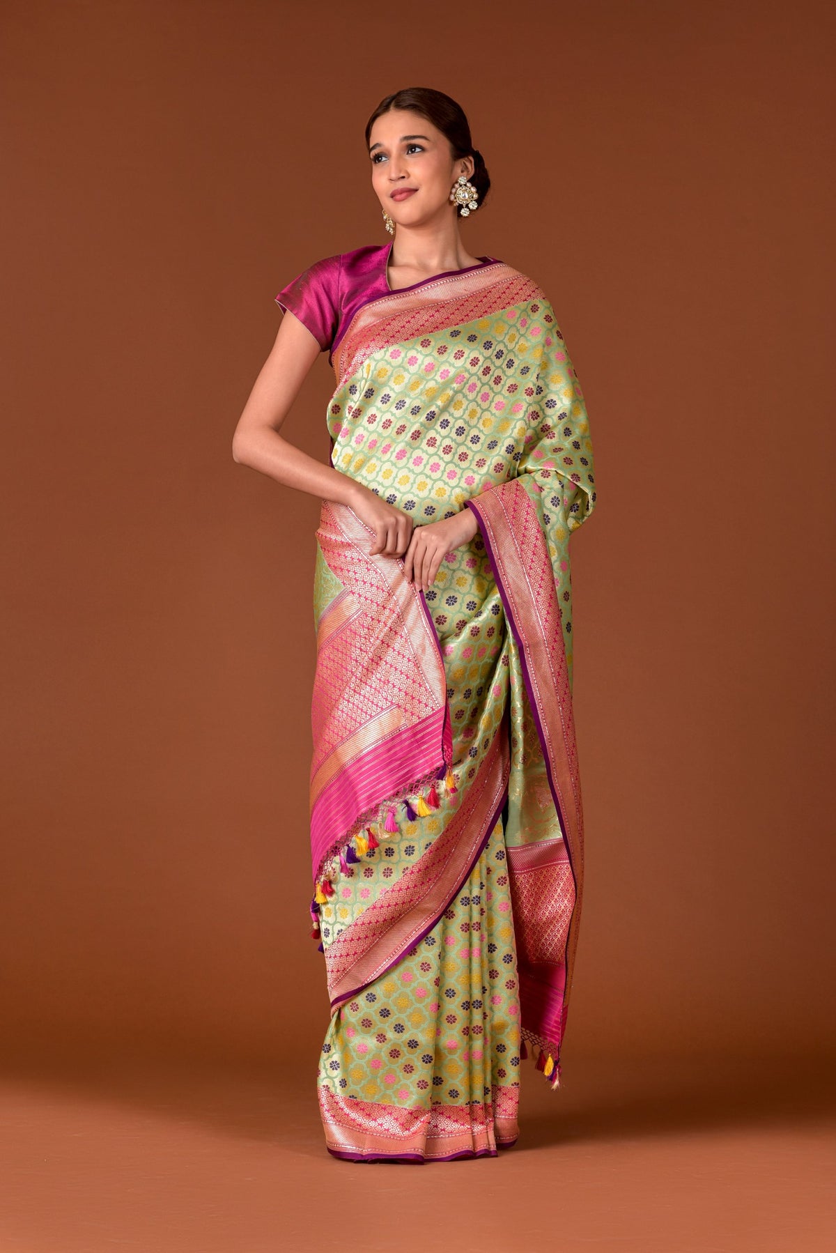 Banaras Katan Silk Saree – Pista Green | All-Over Multicolour Meenakari Floral Jaal | Rose Pink Zari Border | Handwoven Banarasi Festive Saree