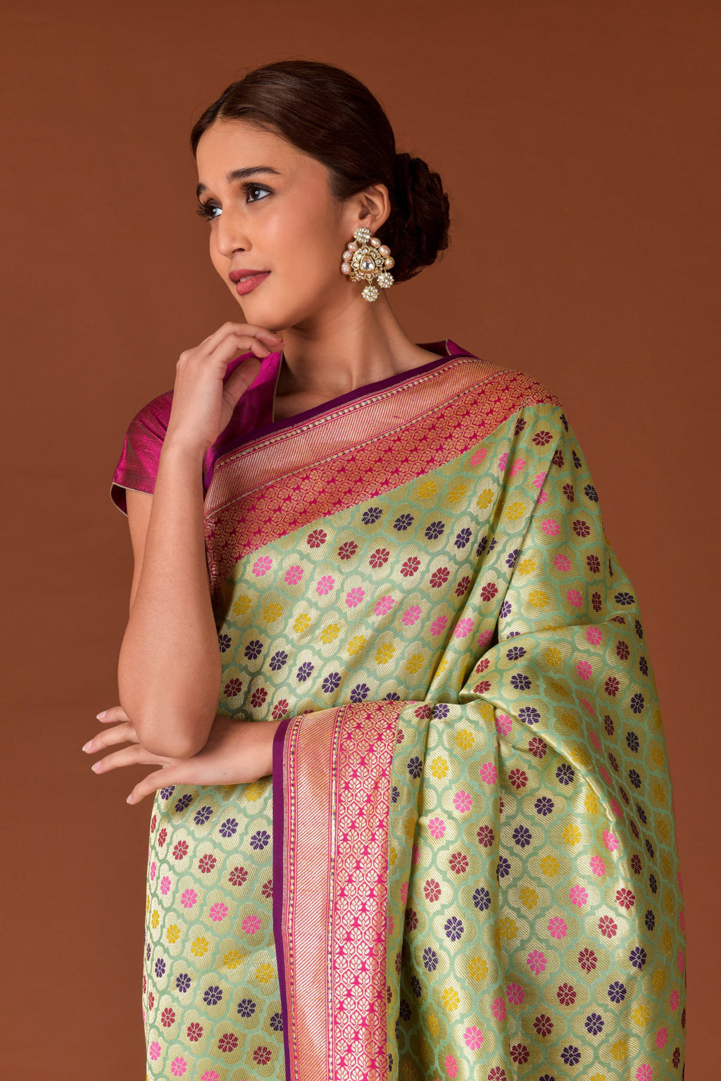 Banaras Katan Silk Saree – Pista Green | All-Over Multicolour Meenakari Floral Jaal | Rose Pink Zari Border | Handwoven Banarasi Festive Saree