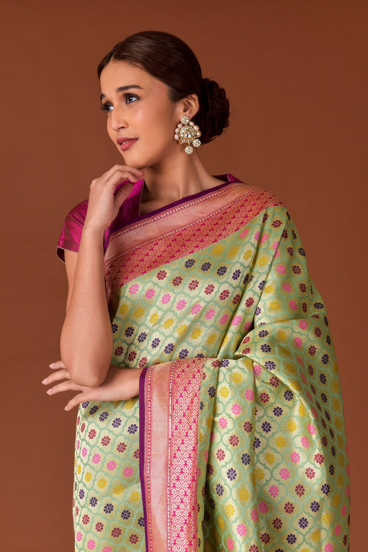 Banaras Katan Silk Saree – Pista Green | All-Over Multicolour Meenakari Floral Jaal | Rose Pink Zari Border | Handwoven Banarasi Festive Saree