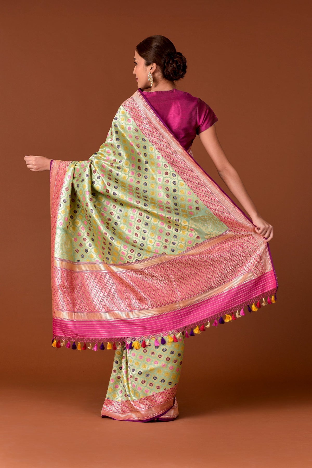 Banaras Katan Silk Saree – Pista Green | All-Over Multicolour Meenakari Floral Jaal | Rose Pink Zari Border | Handwoven Banarasi Festive Saree