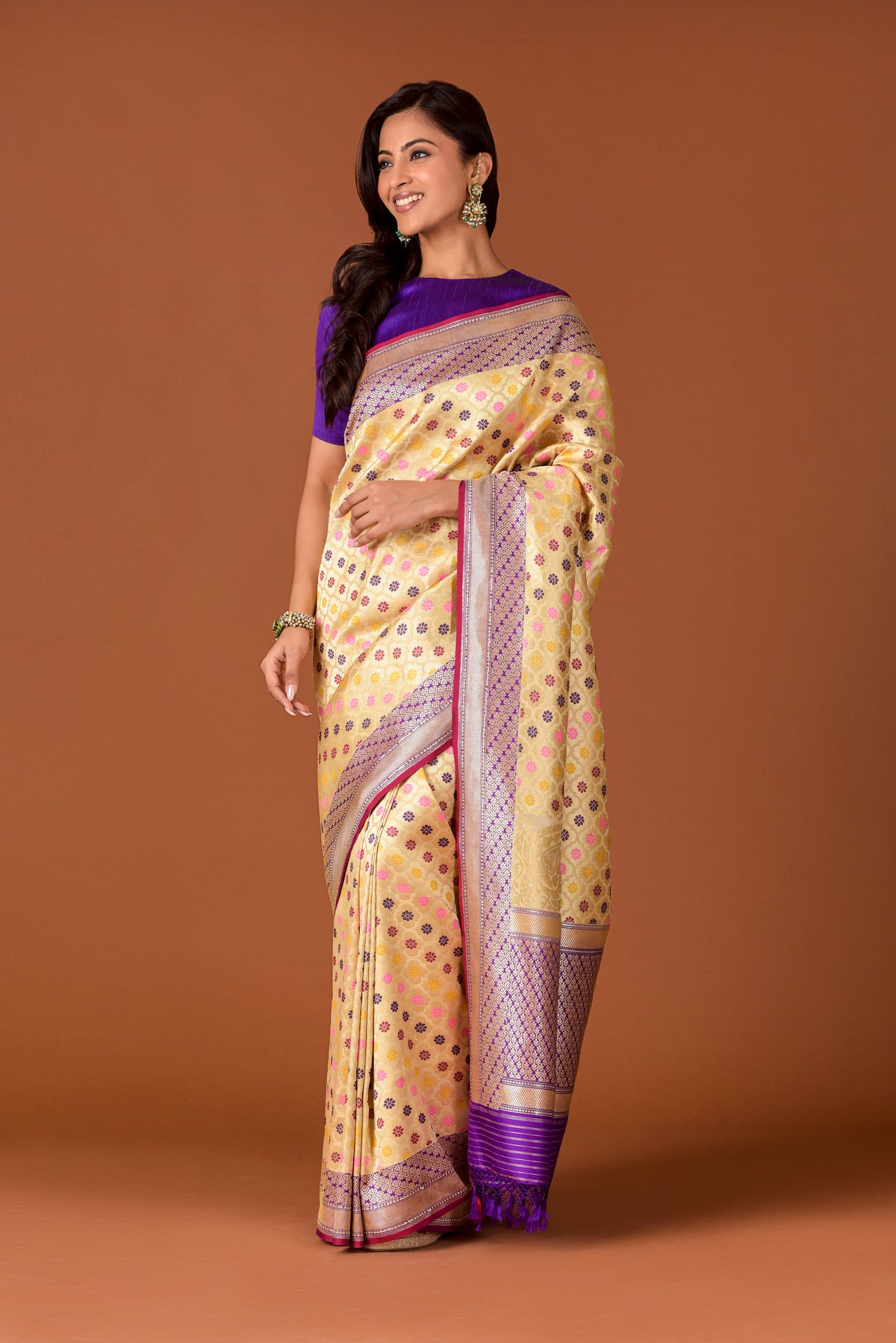 Banaras Katan Silk Saree – Cream | All-Over Multicolour Meenakari Floral Jaal | Deep Purple Zari Border & Pallu | Handwoven Banarasi Festive Saree