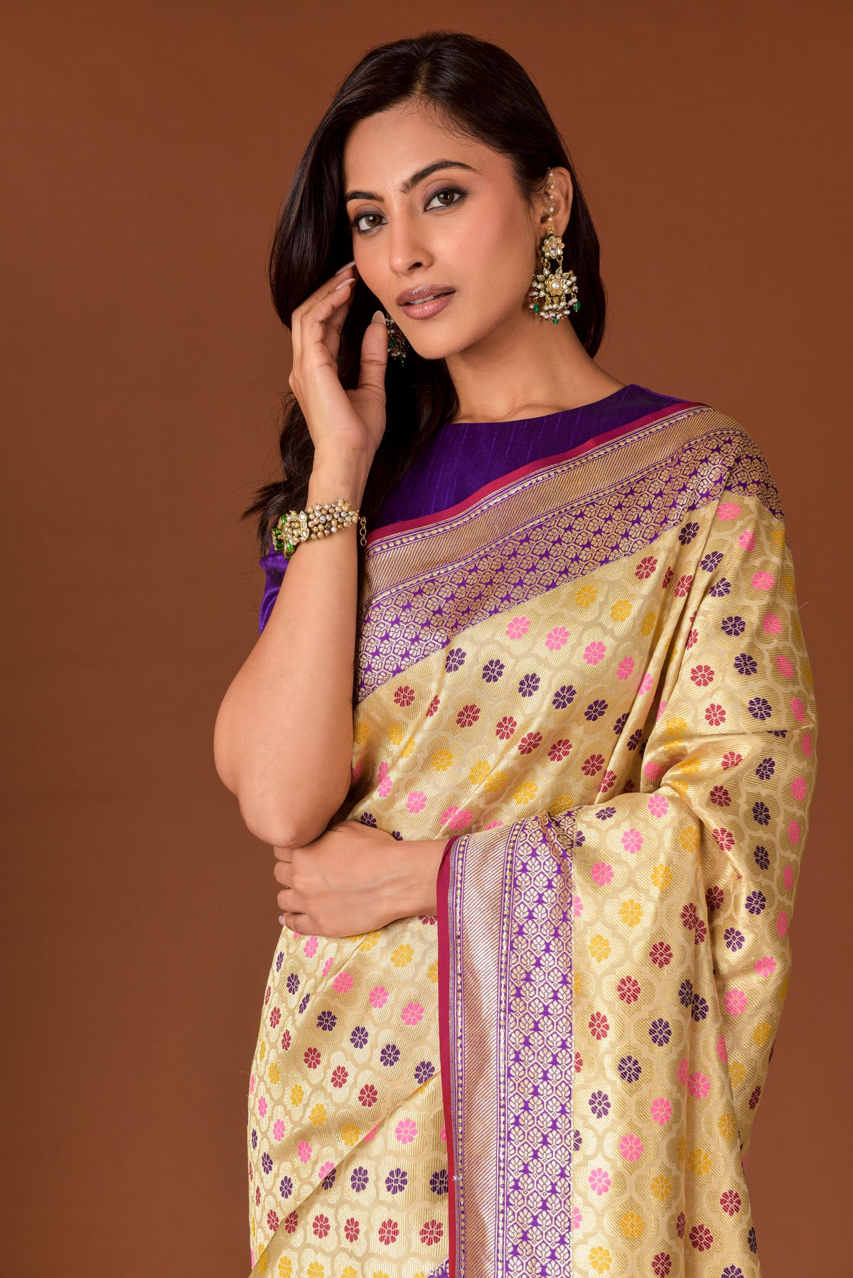 Banaras Katan Silk Saree – Cream | All-Over Multicolour Meenakari Floral Jaal | Deep Purple Zari Border & Pallu | Handwoven Banarasi Festive Saree