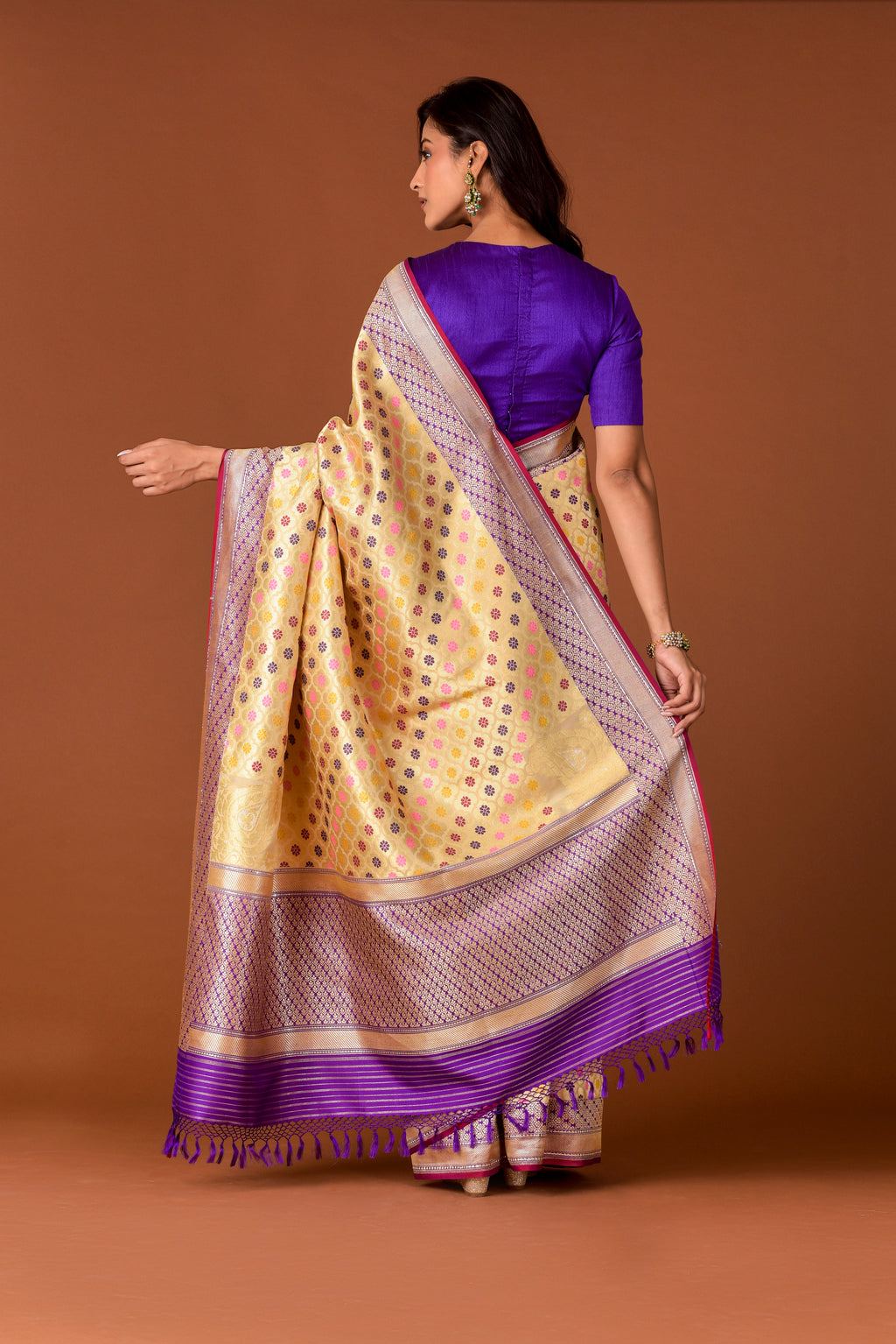 Banaras Katan Silk Saree – Cream | All-Over Multicolour Meenakari Floral Jaal | Deep Purple Zari Border & Pallu | Handwoven Banarasi Festive Saree
