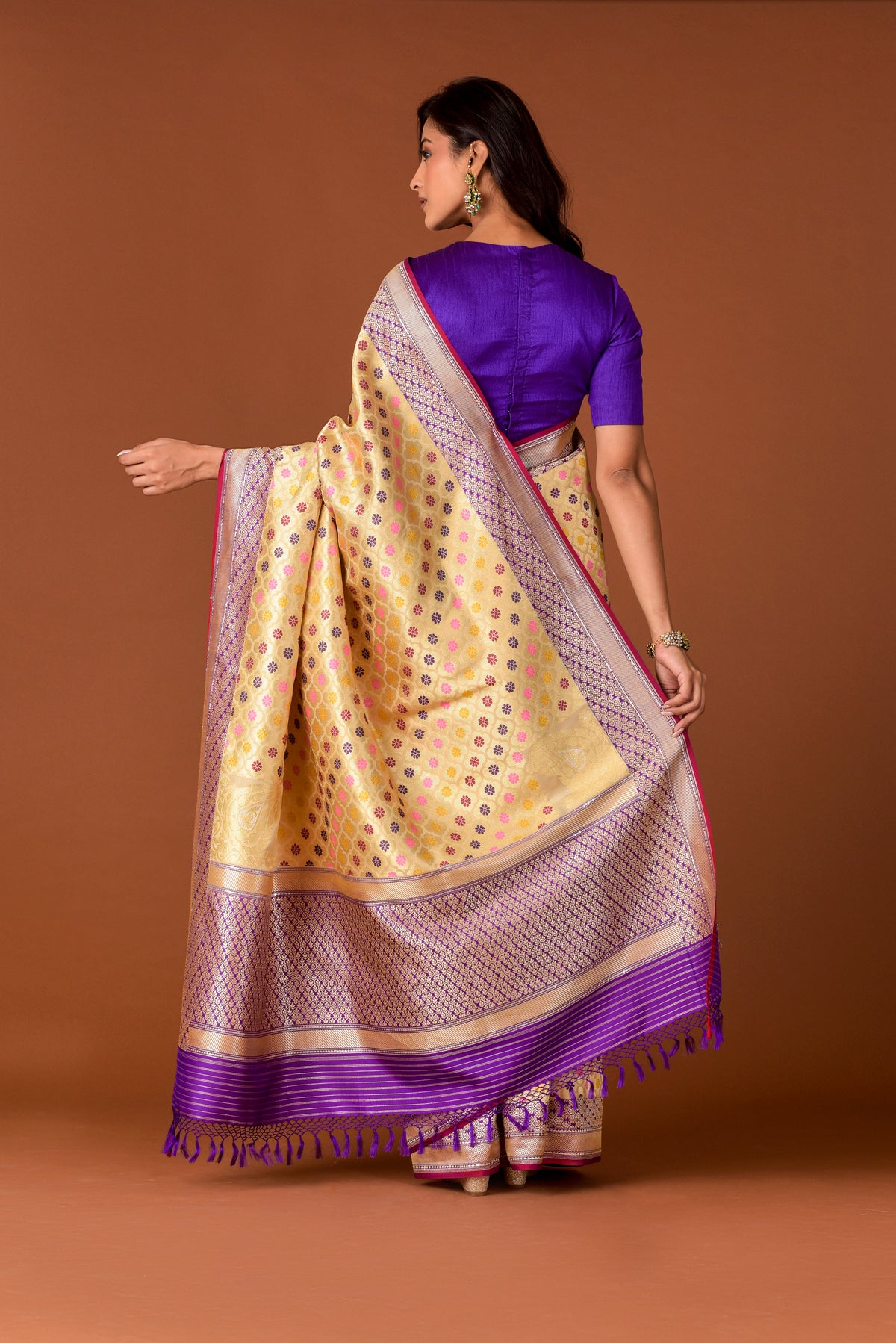 Banaras Katan Silk Saree – Cream | All-Over Multicolour Meenakari Floral Jaal | Deep Purple Zari Border & Pallu | Handwoven Banarasi Festive Saree