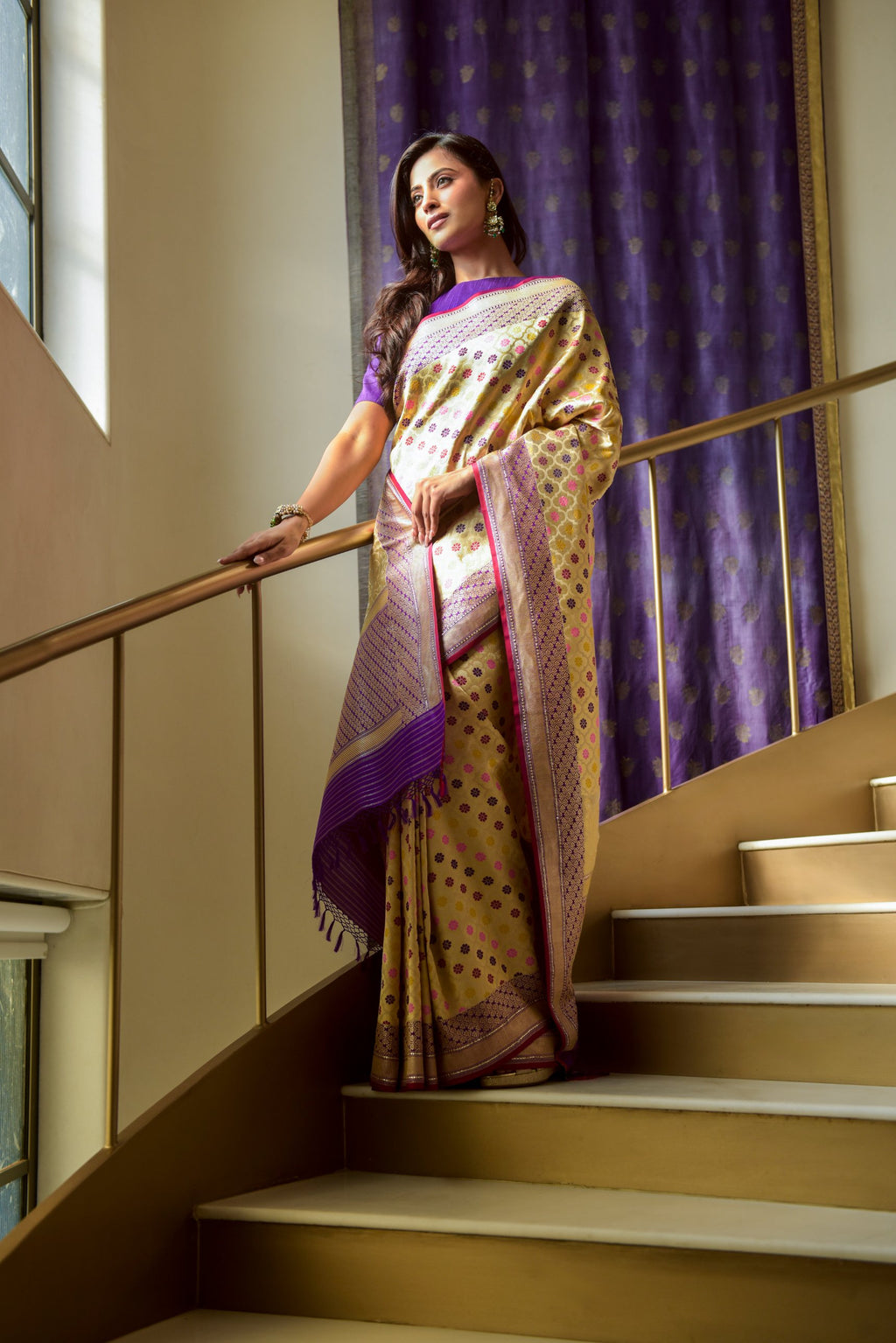 Banaras Katan Silk Saree – Cream | All-Over Multicolour Meenakari Floral Jaal | Deep Purple Zari Border & Pallu | Handwoven Banarasi Festive Saree