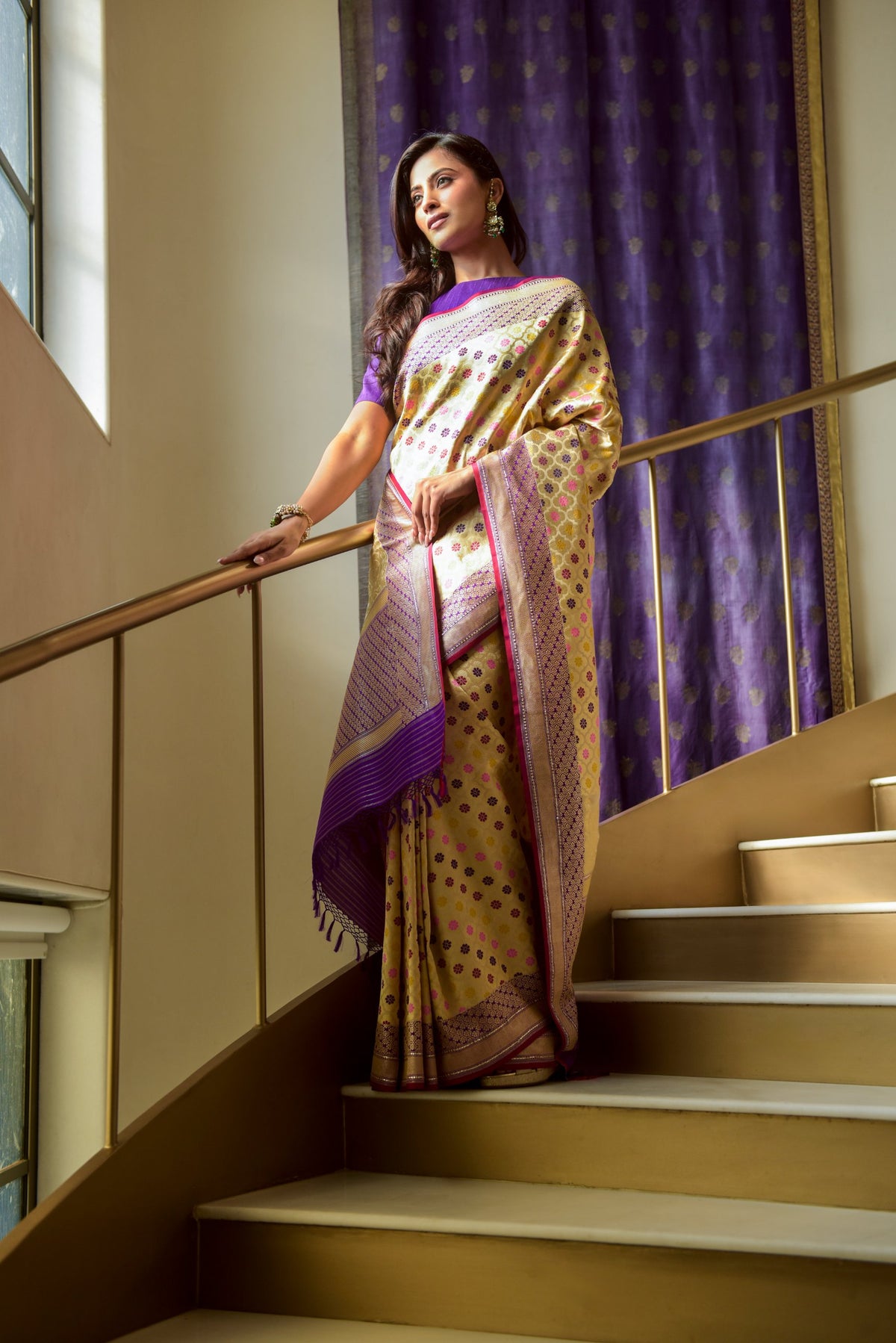 Banaras Katan Silk Saree – Cream | All-Over Multicolour Meenakari Floral Jaal | Deep Purple Zari Border & Pallu | Handwoven Banarasi Festive Saree
