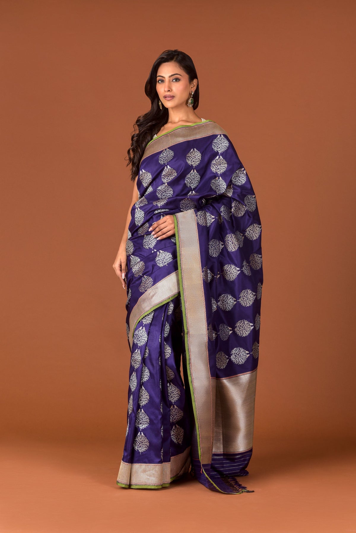 Banaras Katan Silk Saree – Deep Purple | All-Over Bird on Tree Butti in Silver Resham | Antique Gold Zari Border & Pallu | Handwoven Banarasi Festive Saree