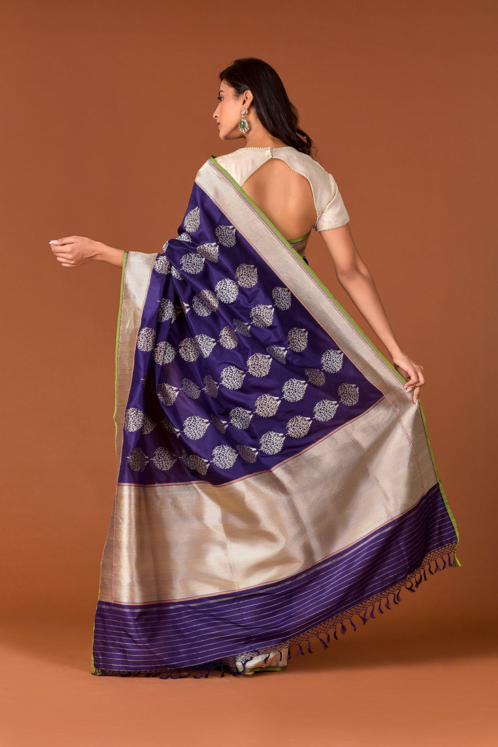 Banaras Katan Silk Saree – Deep Purple | All-Over Bird on Tree Butti in Silver Resham | Antique Gold Zari Border & Pallu | Handwoven Banarasi Festive Saree