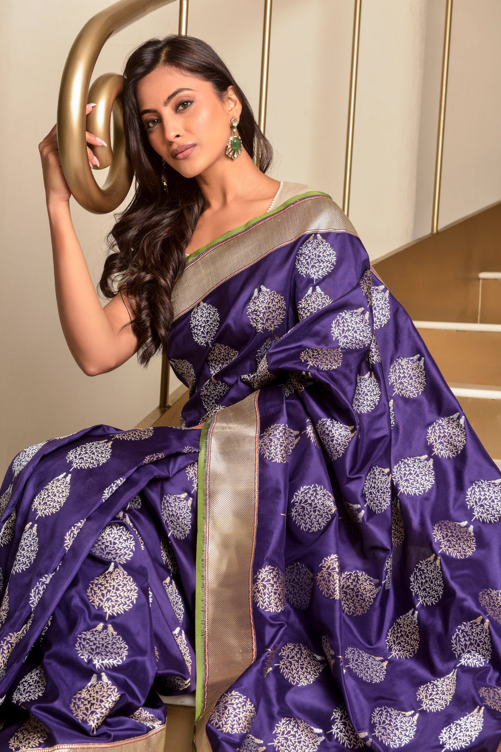 Banaras Katan Silk Saree – Deep Purple | All-Over Bird on Tree Butti in Silver Resham | Antique Gold Zari Border & Pallu | Handwoven Banarasi Festive Saree