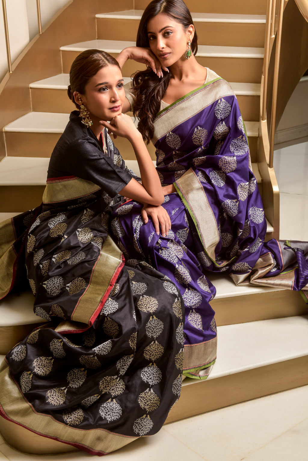 Banaras Katan Silk Saree – Midnight Black | All-Over Bird on Tree Butti in Silver Resham | Antique Gold Zari Border & Pallu | Handwoven Banarasi Festive Saree