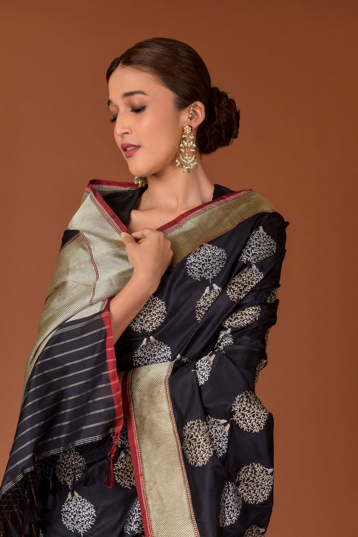 Banaras Katan Silk Saree – Midnight Black | All-Over Bird on Tree Butti in Silver Resham | Antique Gold Zari Border & Pallu | Handwoven Banarasi Festive Saree