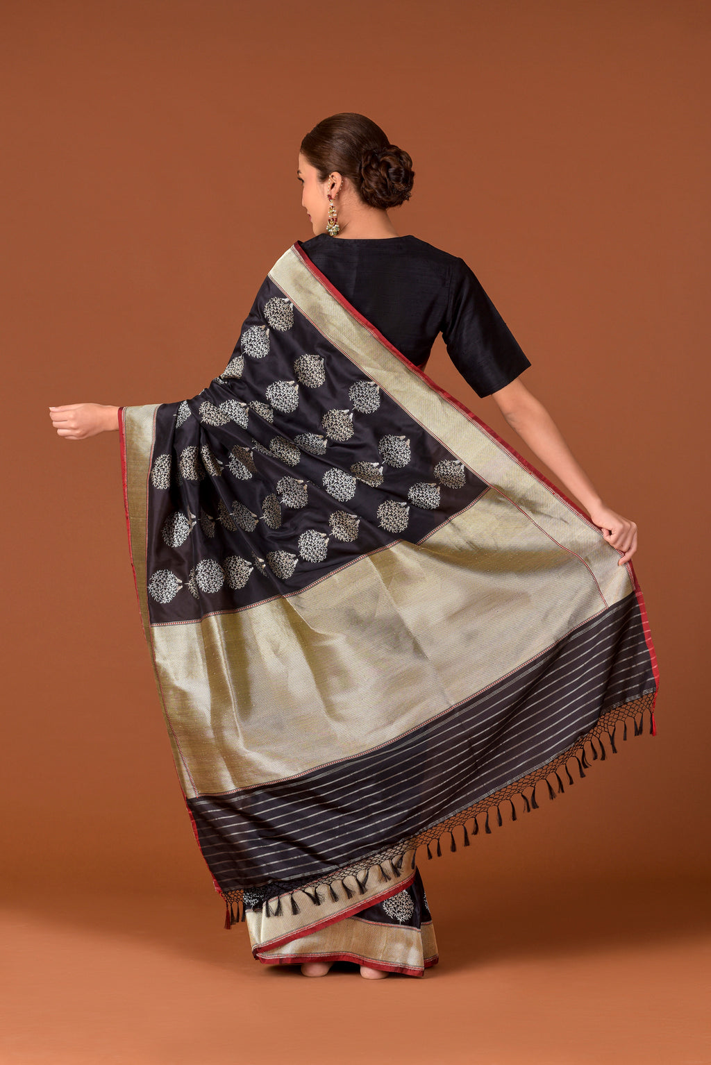 Banaras Katan Silk Saree – Midnight Black | All-Over Bird on Tree Butti in Silver Resham | Antique Gold Zari Border & Pallu | Handwoven Banarasi Festive Saree