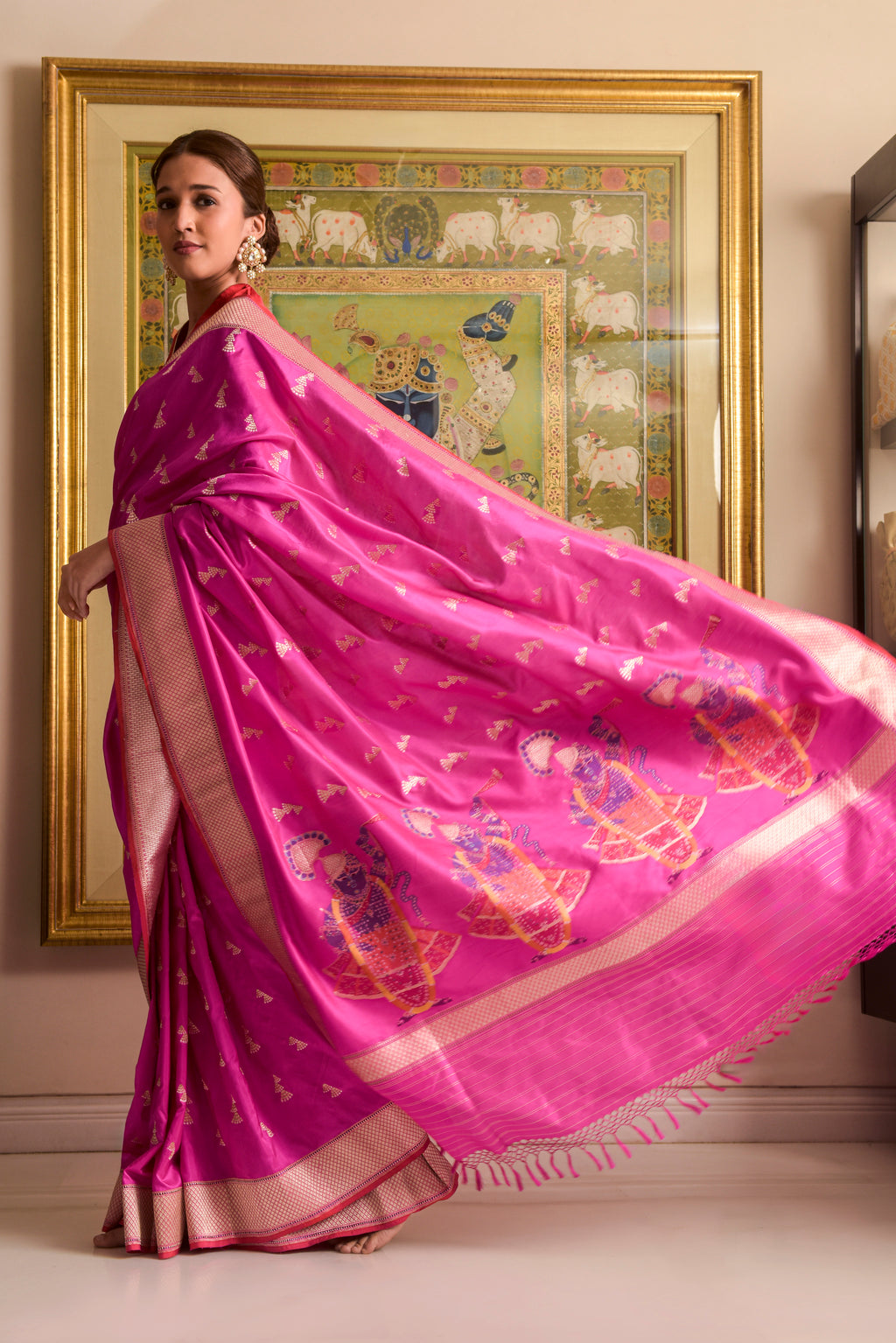 Banaras Katan Silk Saree – Rani Pink | Shrinathji Figural Pallu in Multicolour Resham | All-Over Chevron Tree Butti | Handwoven Banarasi Festive Saree
