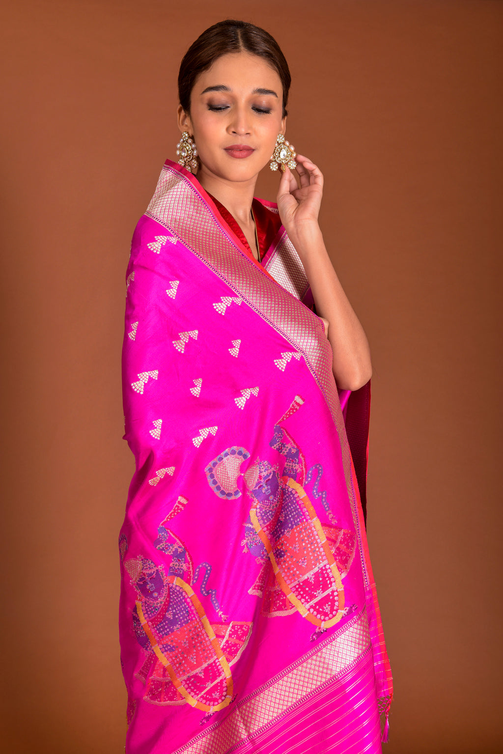 Banaras Katan Silk Saree – Rani Pink | Shrinathji Figural Pallu in Multicolour Resham | All-Over Chevron Tree Butti | Handwoven Banarasi Festive Saree