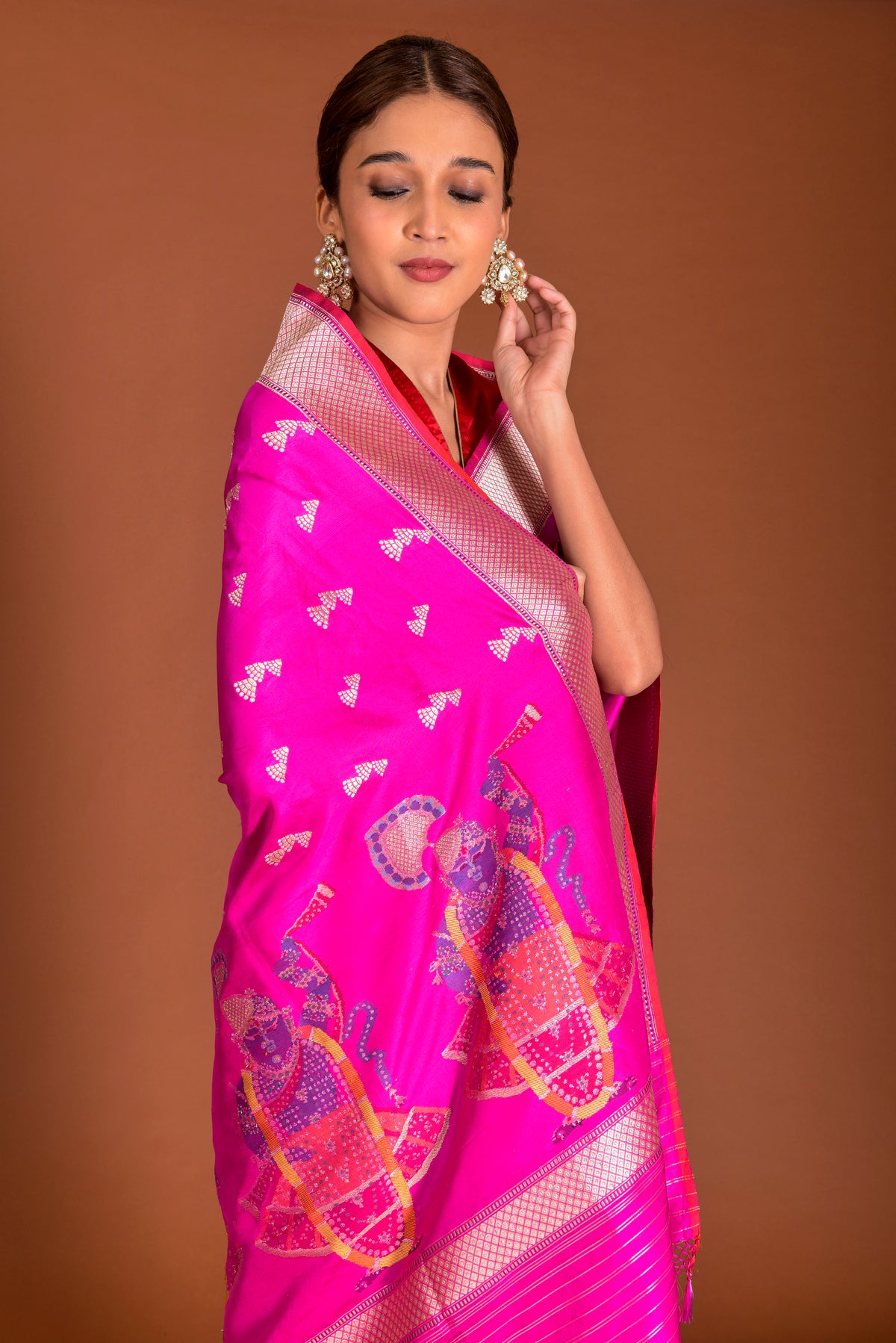 Banaras Katan Silk Saree – Rani Pink | Shrinathji Figural Pallu in Multicolour Resham | All-Over Chevron Tree Butti | Handwoven Banarasi Festive Saree