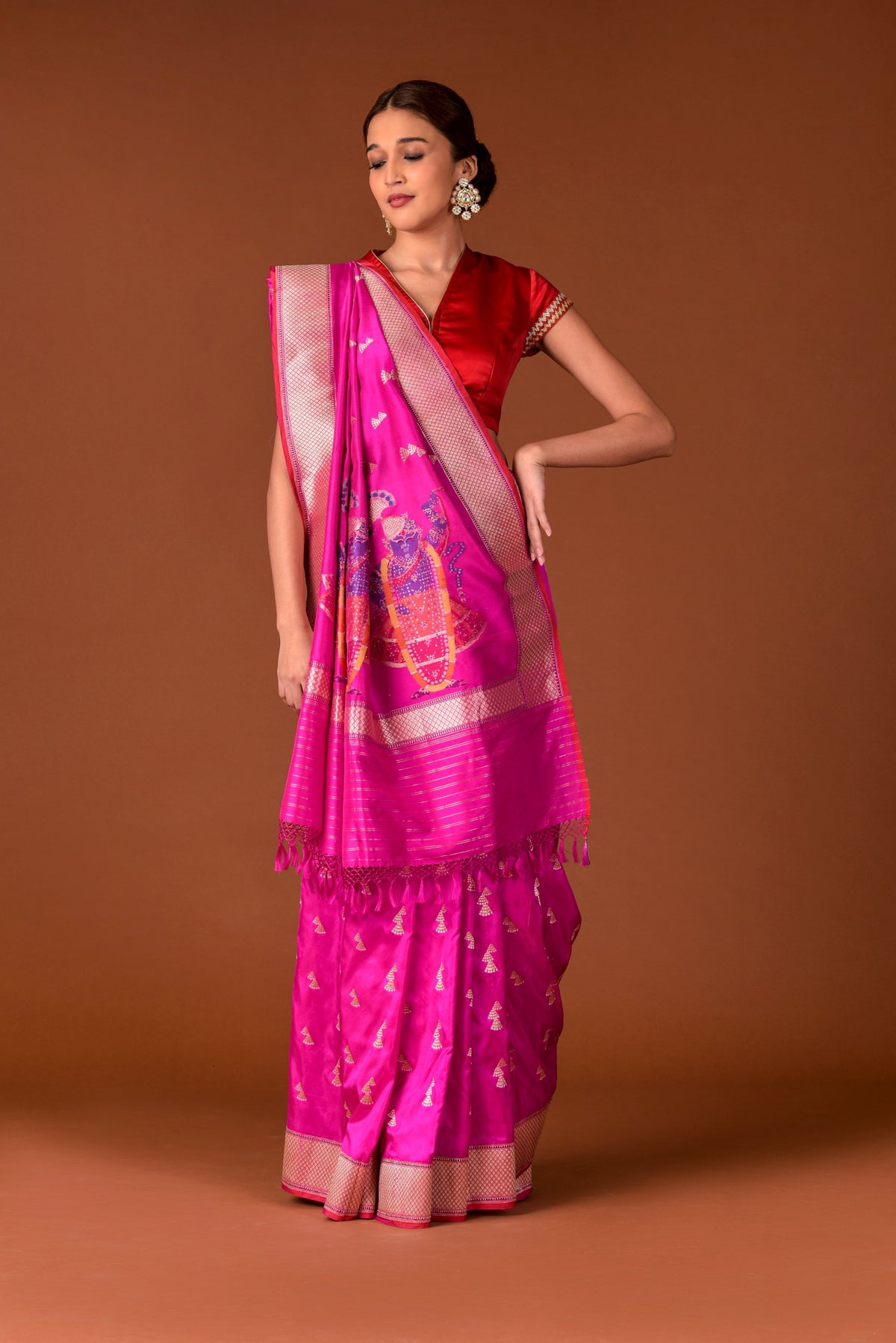 Banaras Katan Silk Saree – Rani Pink | Shrinathji Figural Pallu in Multicolour Resham | All-Over Chevron Tree Butti | Handwoven Banarasi Festive Saree